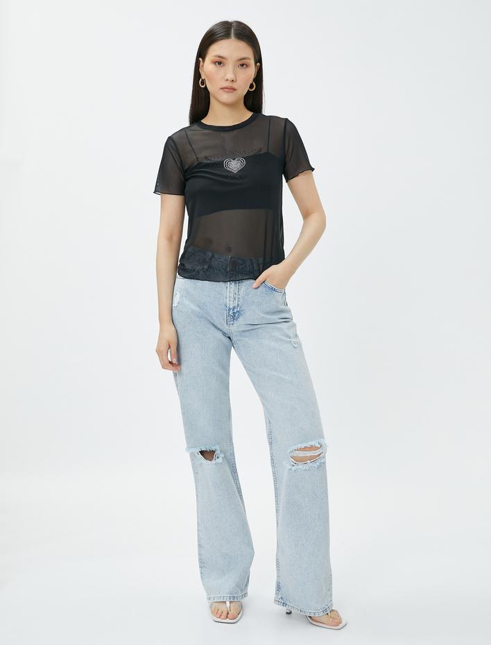  Transparan Tişört Taşlı Kısa Kollu