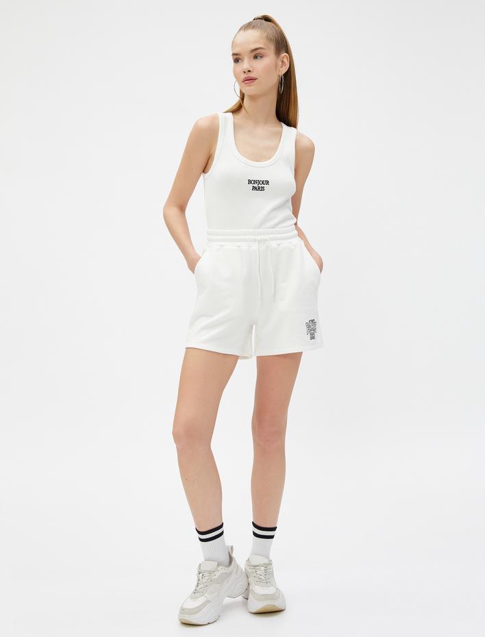  Fitilli Atlet Slogan İşlemeli U Yaka Biye Detaylı Pamuklu