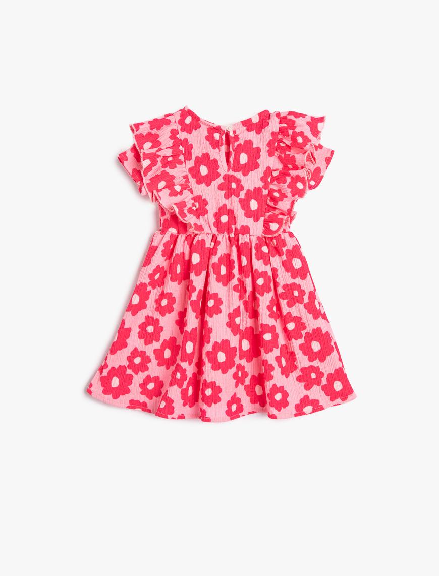  Kız Bebek Çiçekli Elbise Fırfırlı Kısa Kollu Yuvarlak Yaka Dokulu
