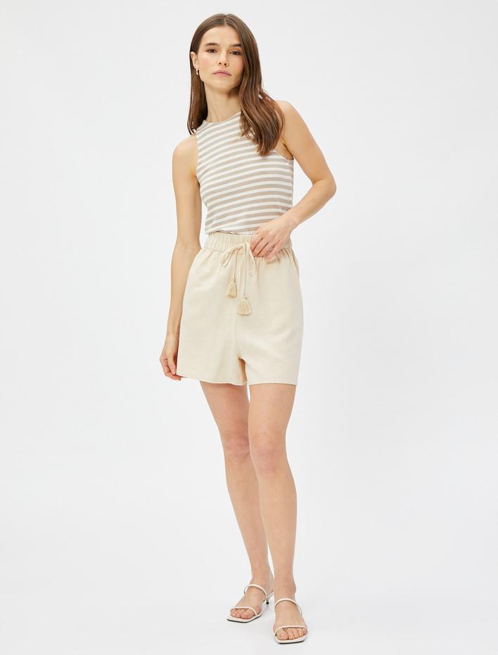  Keten Karışımlı Şort Cepli Beli Bağlamalı