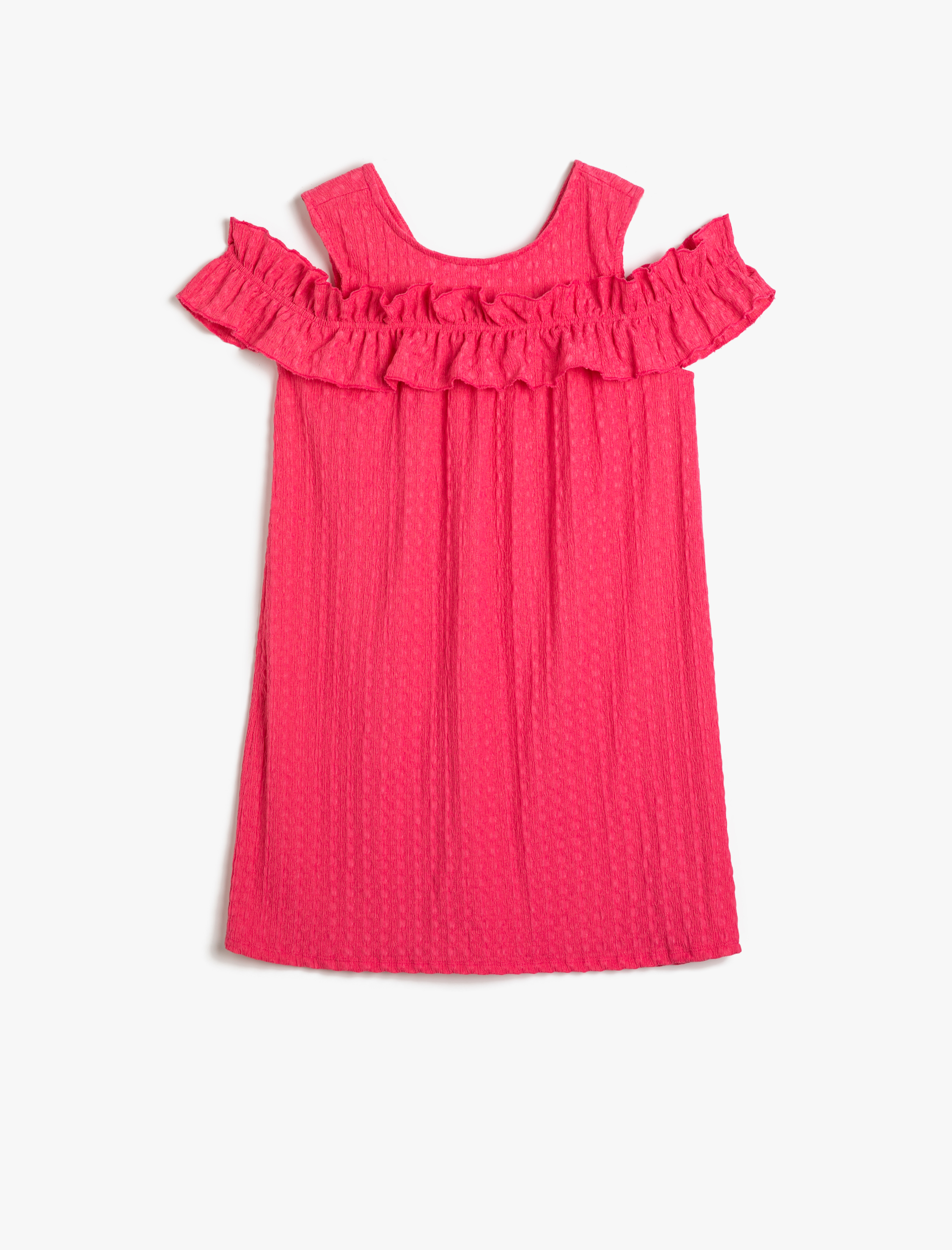  Kız Çocuk Midi Elbise Kolsuz Fırfırlı Yuvarlak Yaka Dokulu