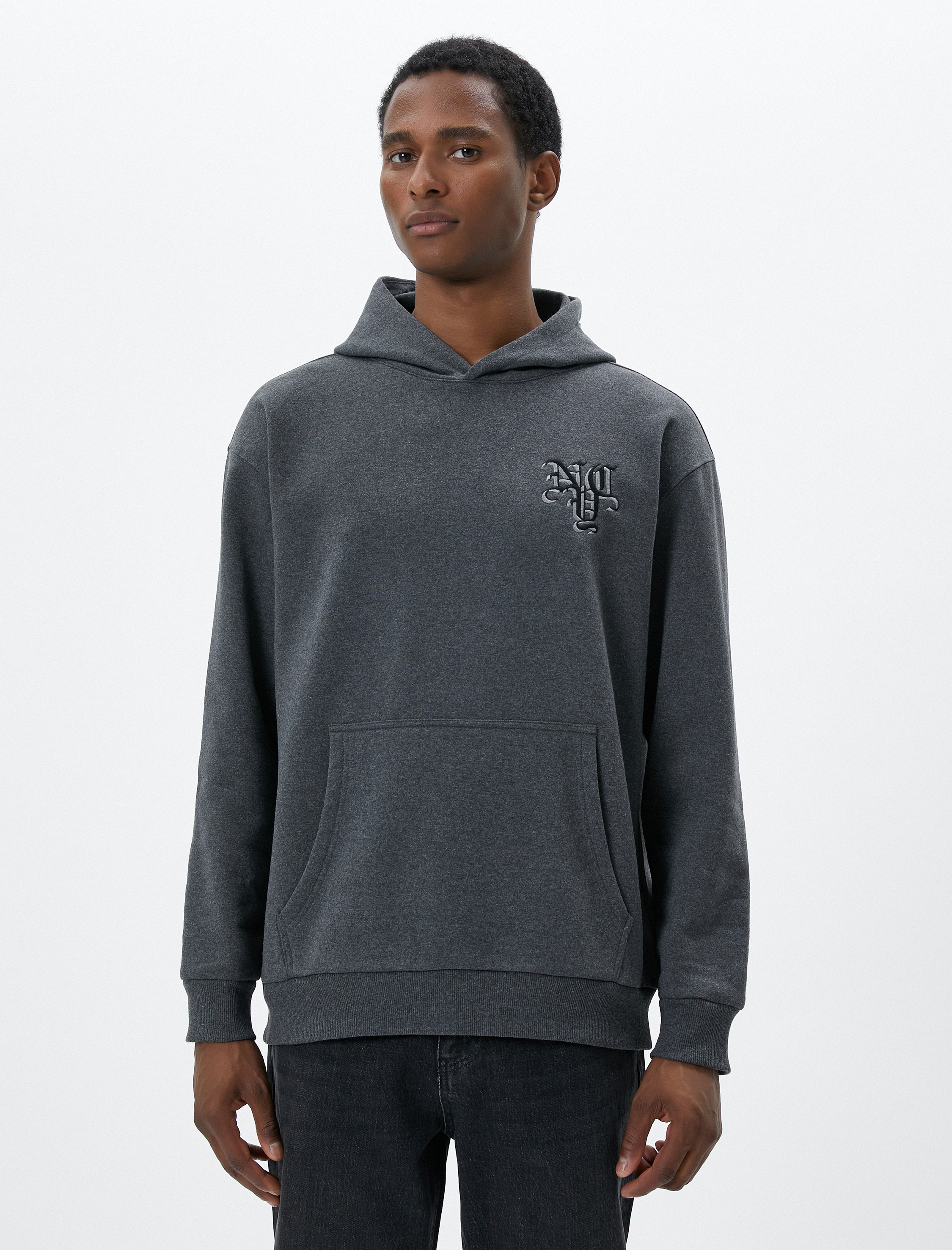   Oversize Hoodie Uzakdoğu İşlemeli Kanguru Cep Detaylı Şardonlu