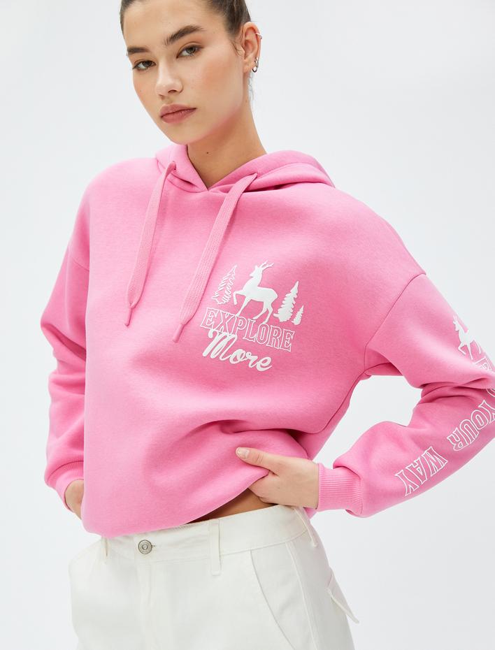  Şardonlu Oversize Kapüşonlu Sweatshirt Baskılı Uzun Kollu