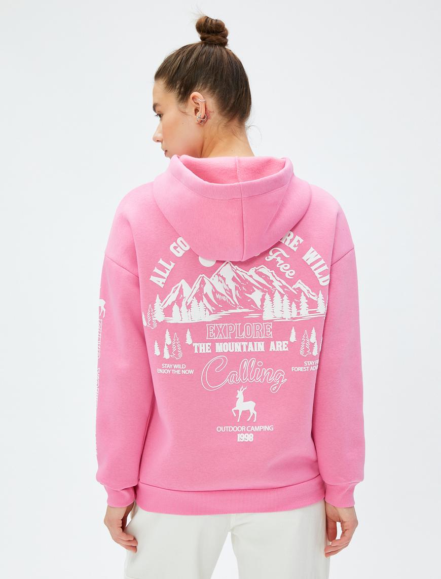   Şardonlu Oversize Kapüşonlu Sweatshirt Baskılı Uzun Kollu