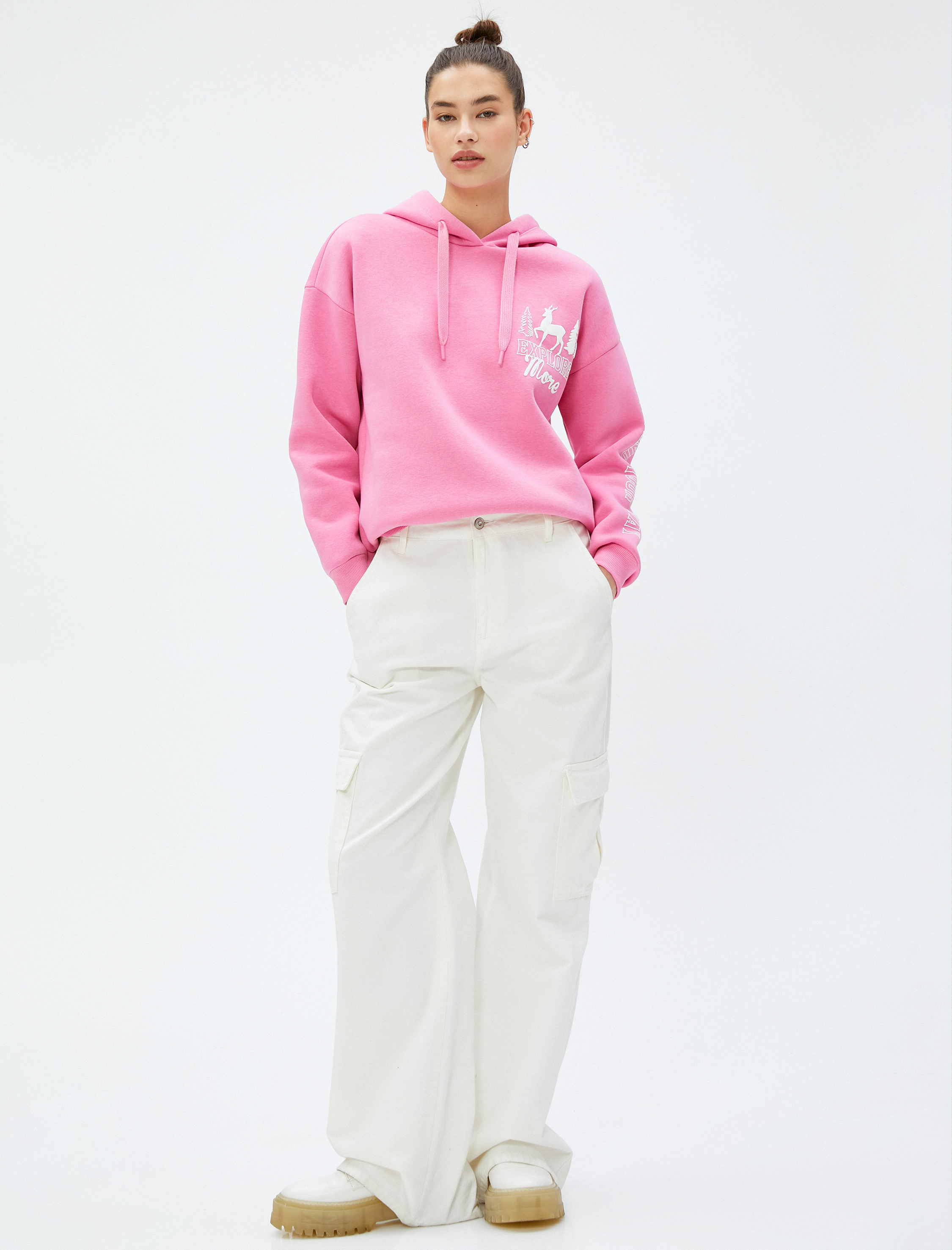   Şardonlu Oversize Kapüşonlu Sweatshirt Baskılı Uzun Kollu