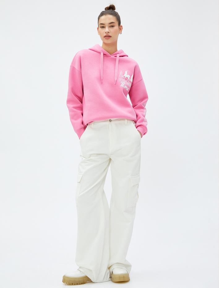  Şardonlu Oversize Kapüşonlu Sweatshirt Baskılı Uzun Kollu