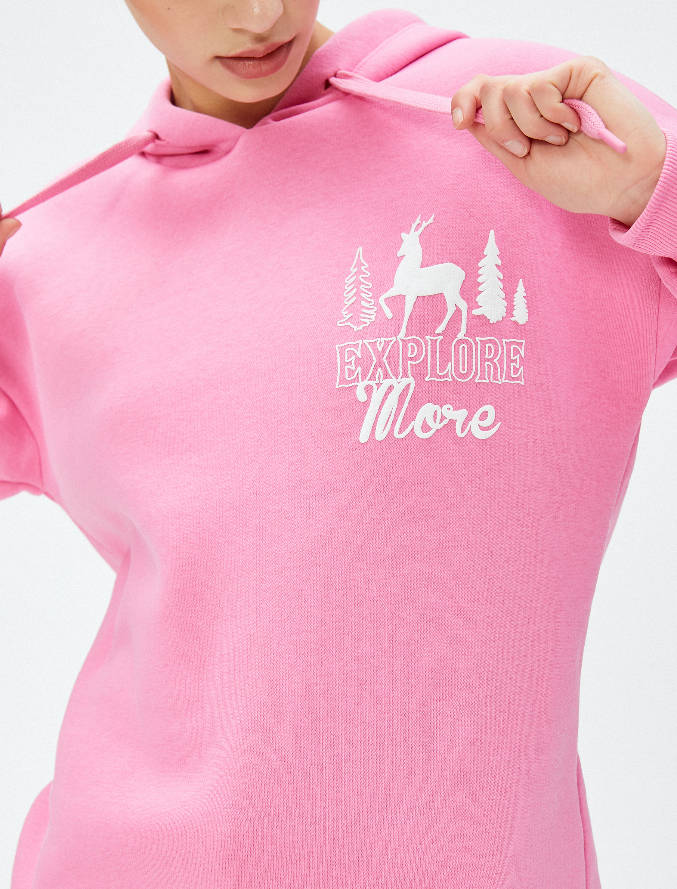   Şardonlu Oversize Kapüşonlu Sweatshirt Baskılı Uzun Kollu