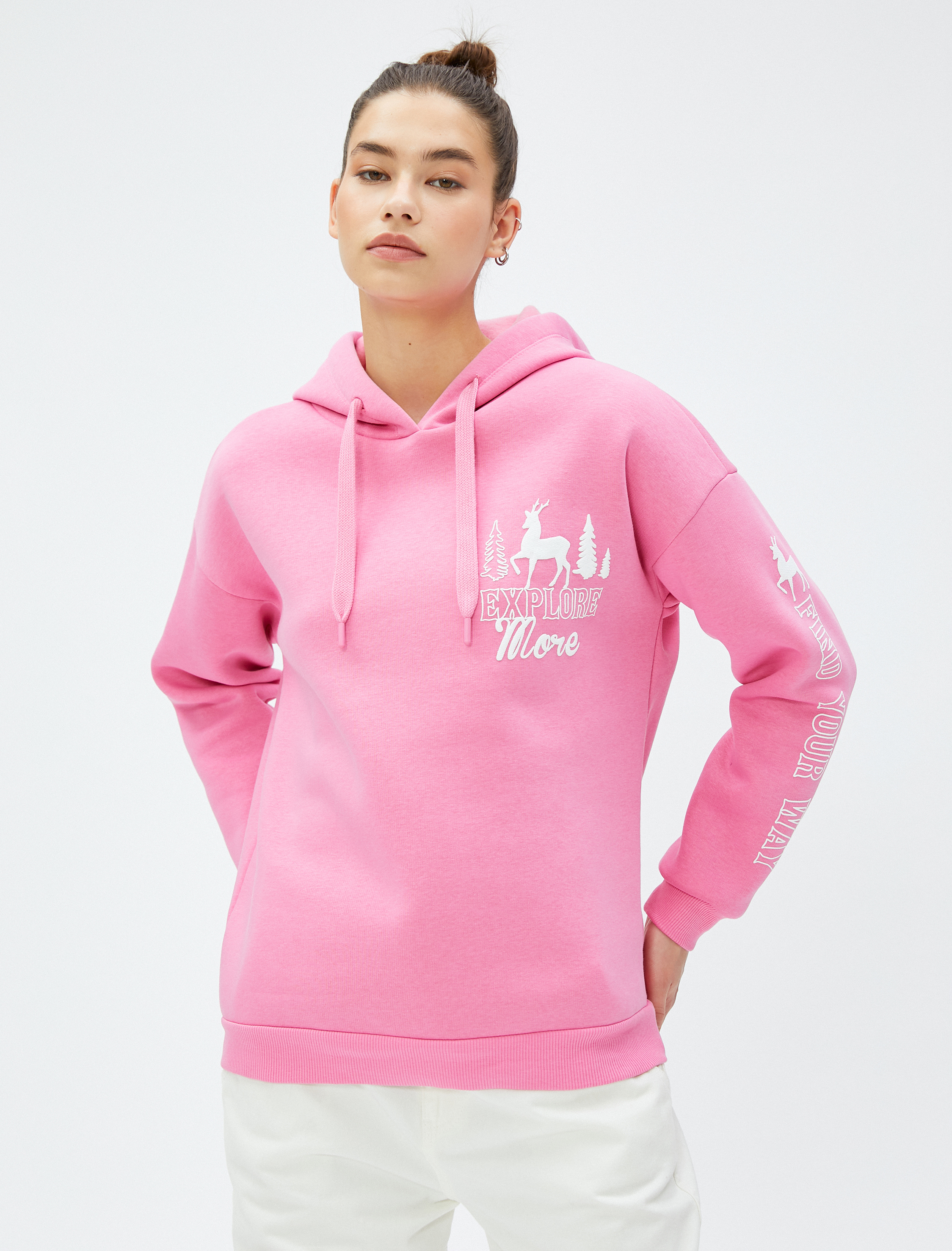   Şardonlu Oversize Kapüşonlu Sweatshirt Baskılı Uzun Kollu