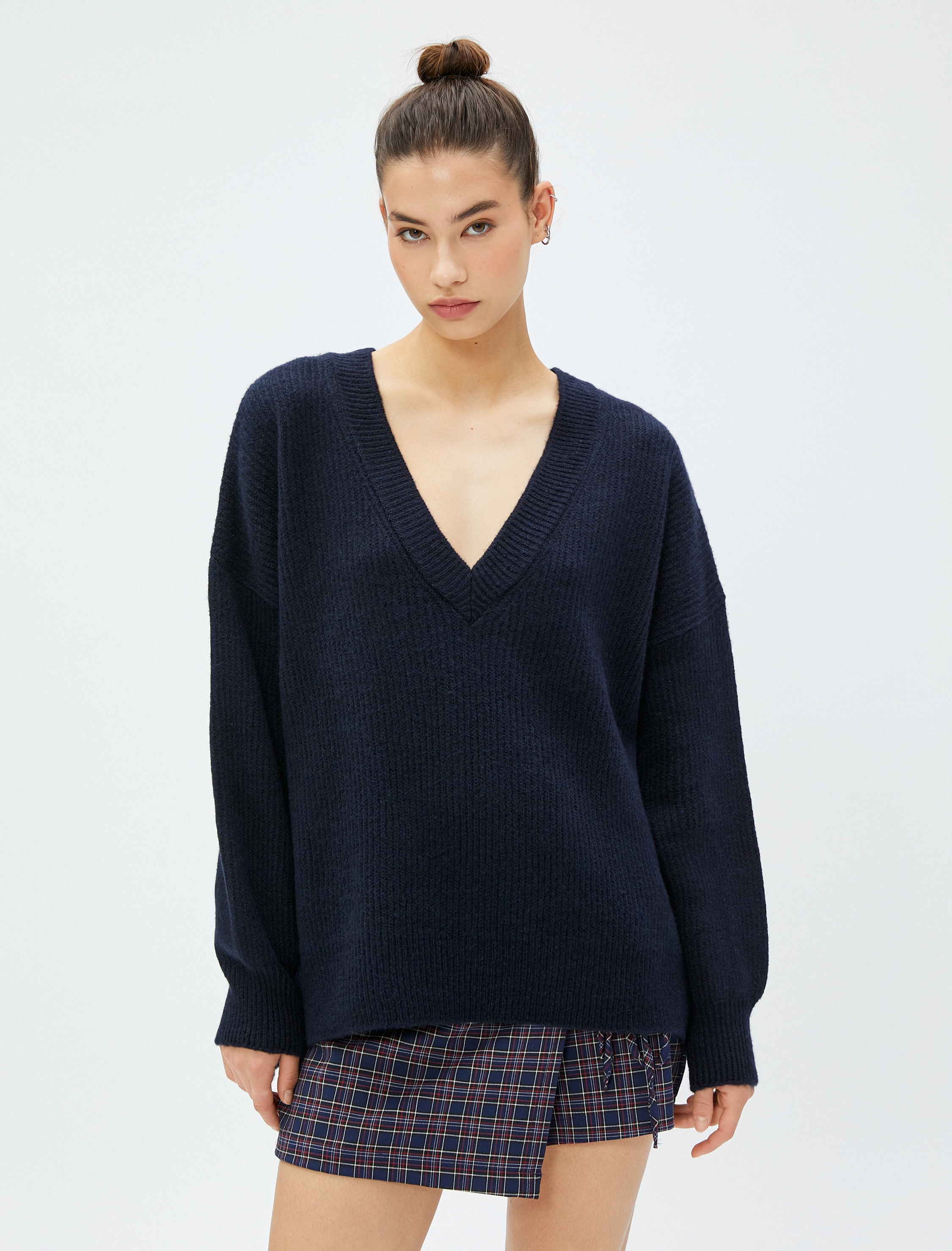   V Yaka Triko Kazak Örgü Ribanalı Uzun Kollu