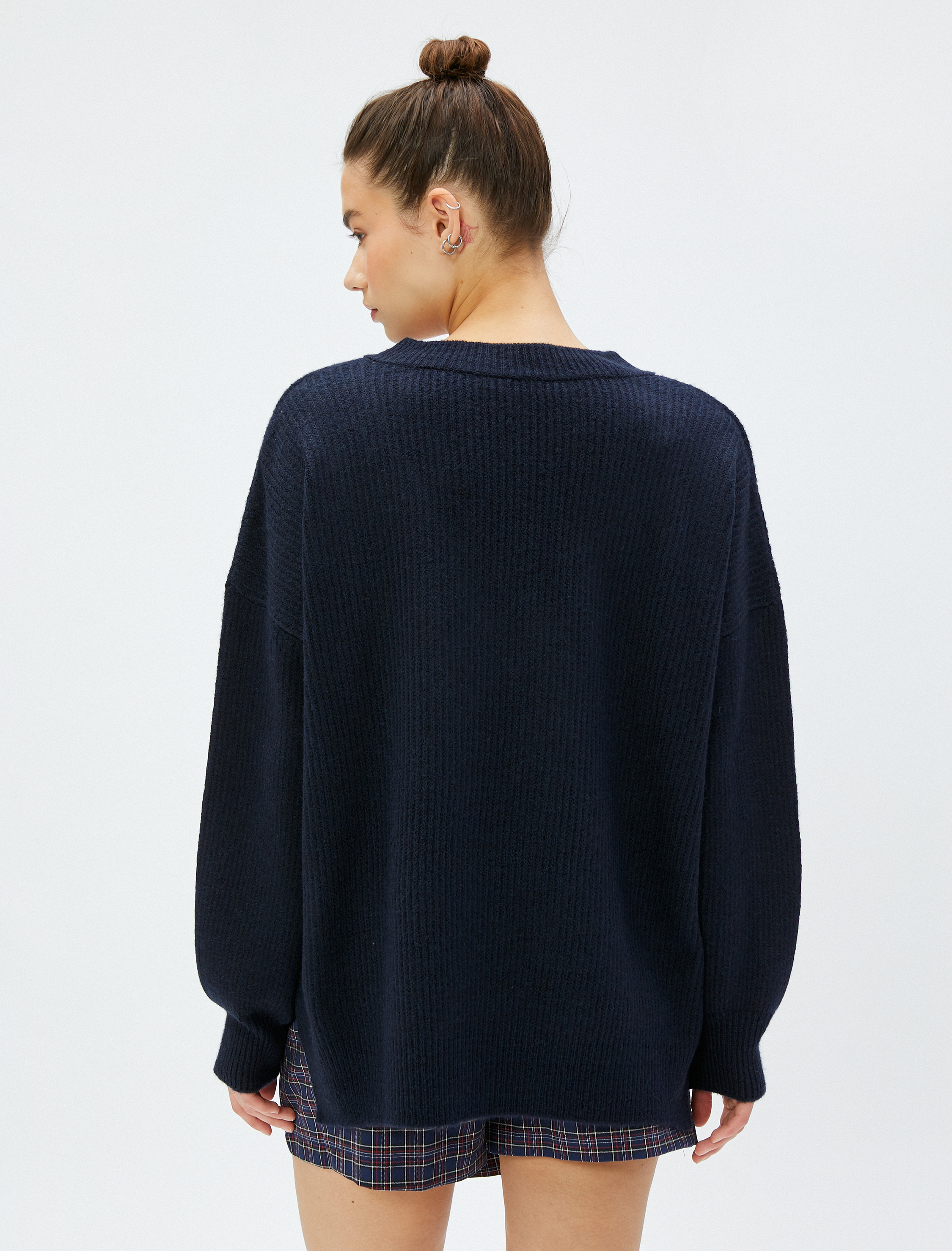   V Yaka Triko Kazak Örgü Ribanalı Uzun Kollu