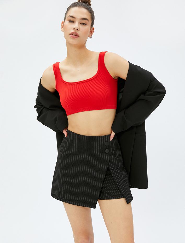 Crop Fitilli Atlet Basic Kare Yaka Biye Detaylı