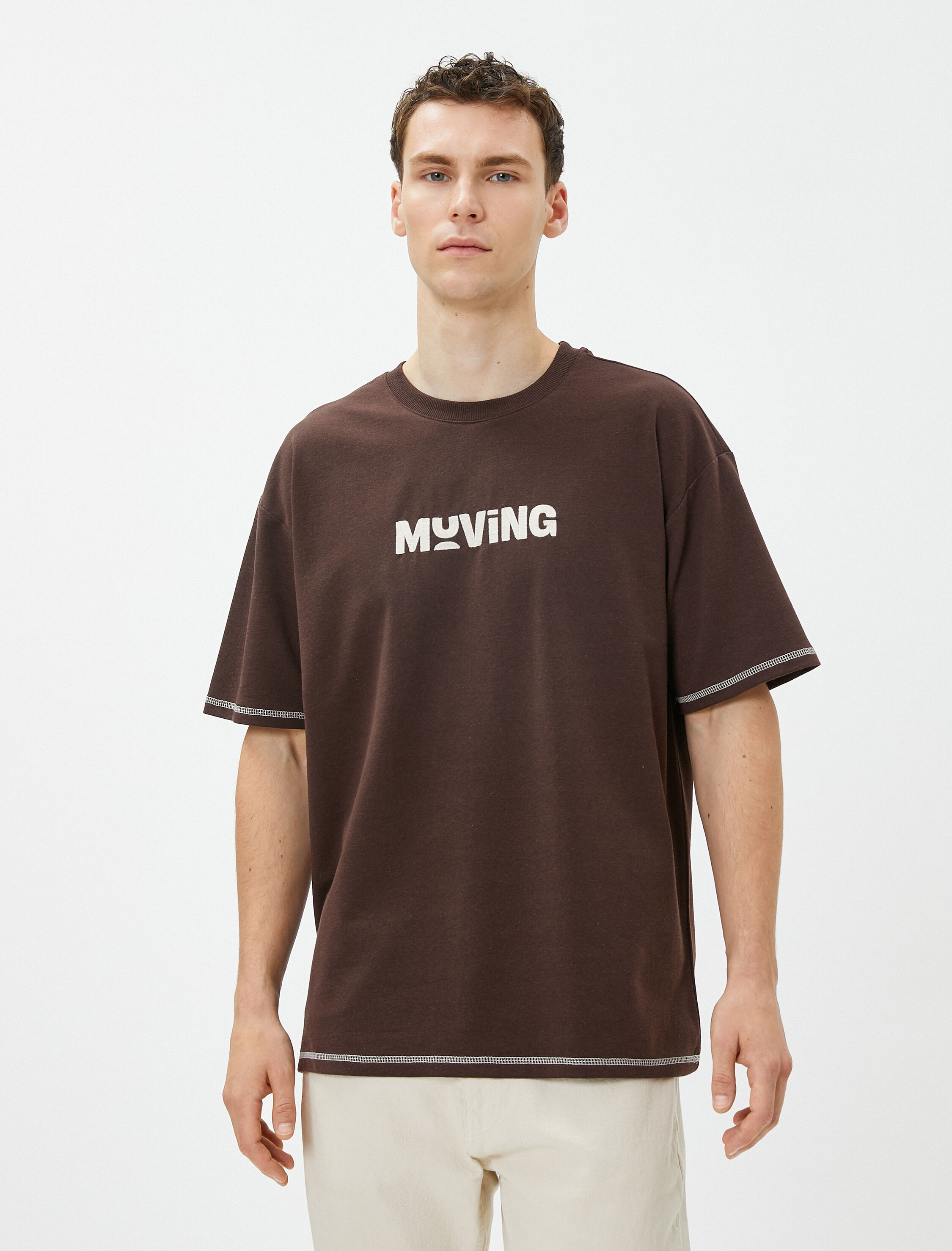   Oversize Tişört Slogan Baskılı Dikiş Detaylı Bisiklet Yaka Kısa Kollu