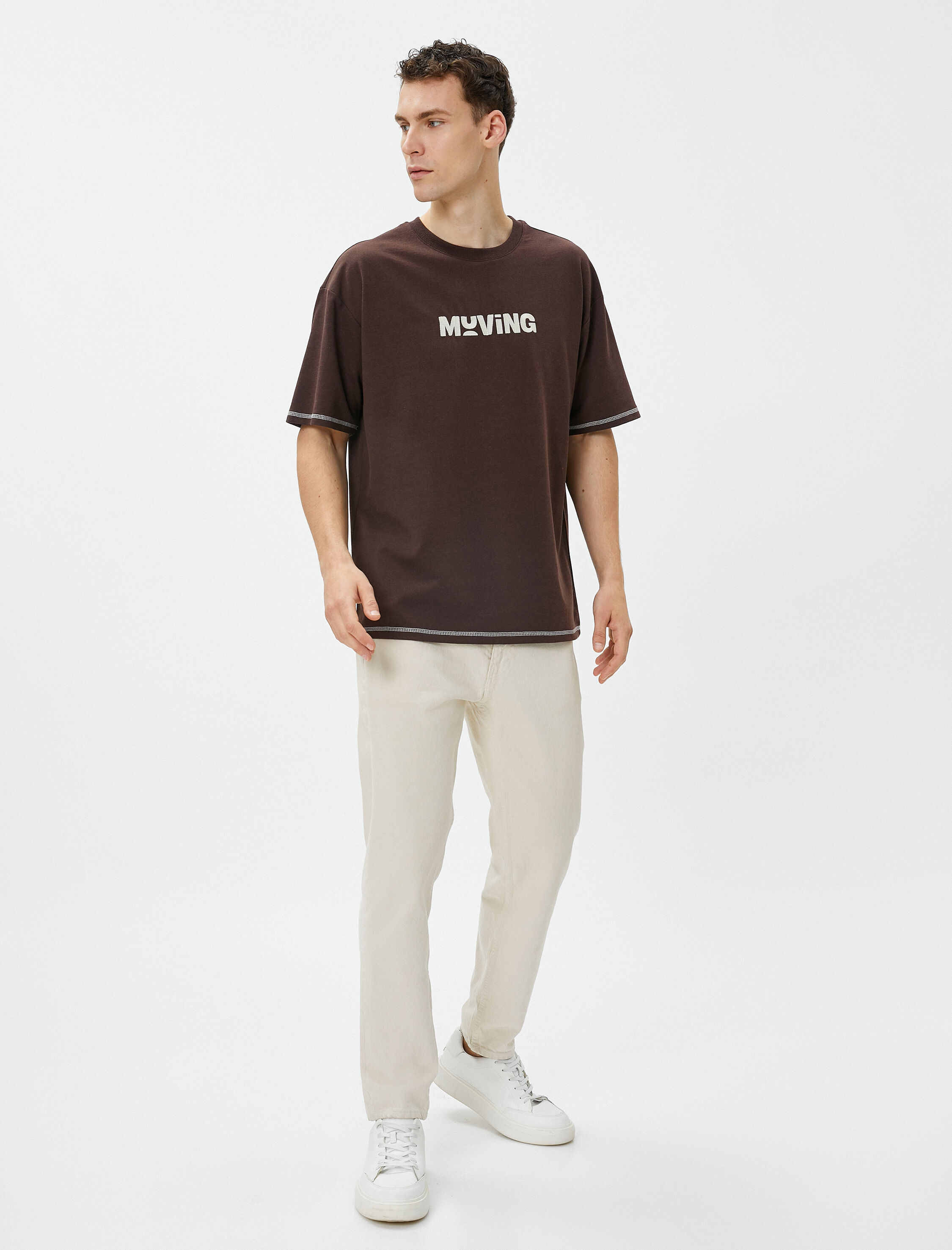   Oversize Tişört Slogan Baskılı Dikiş Detaylı Bisiklet Yaka Kısa Kollu