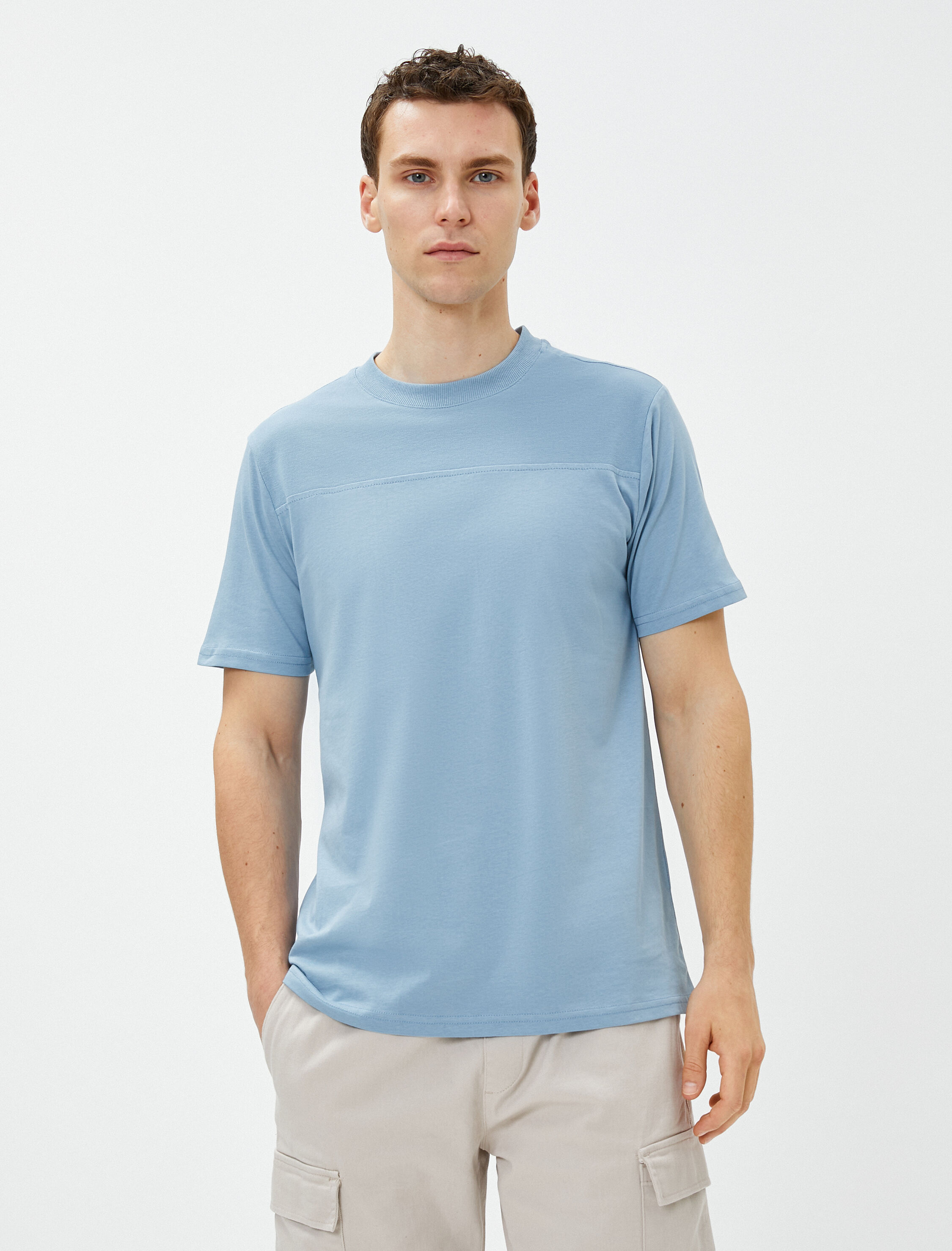   Bloklu Tişört Bisiklet Yaka Kısa Kollu Dikiş Detaylı