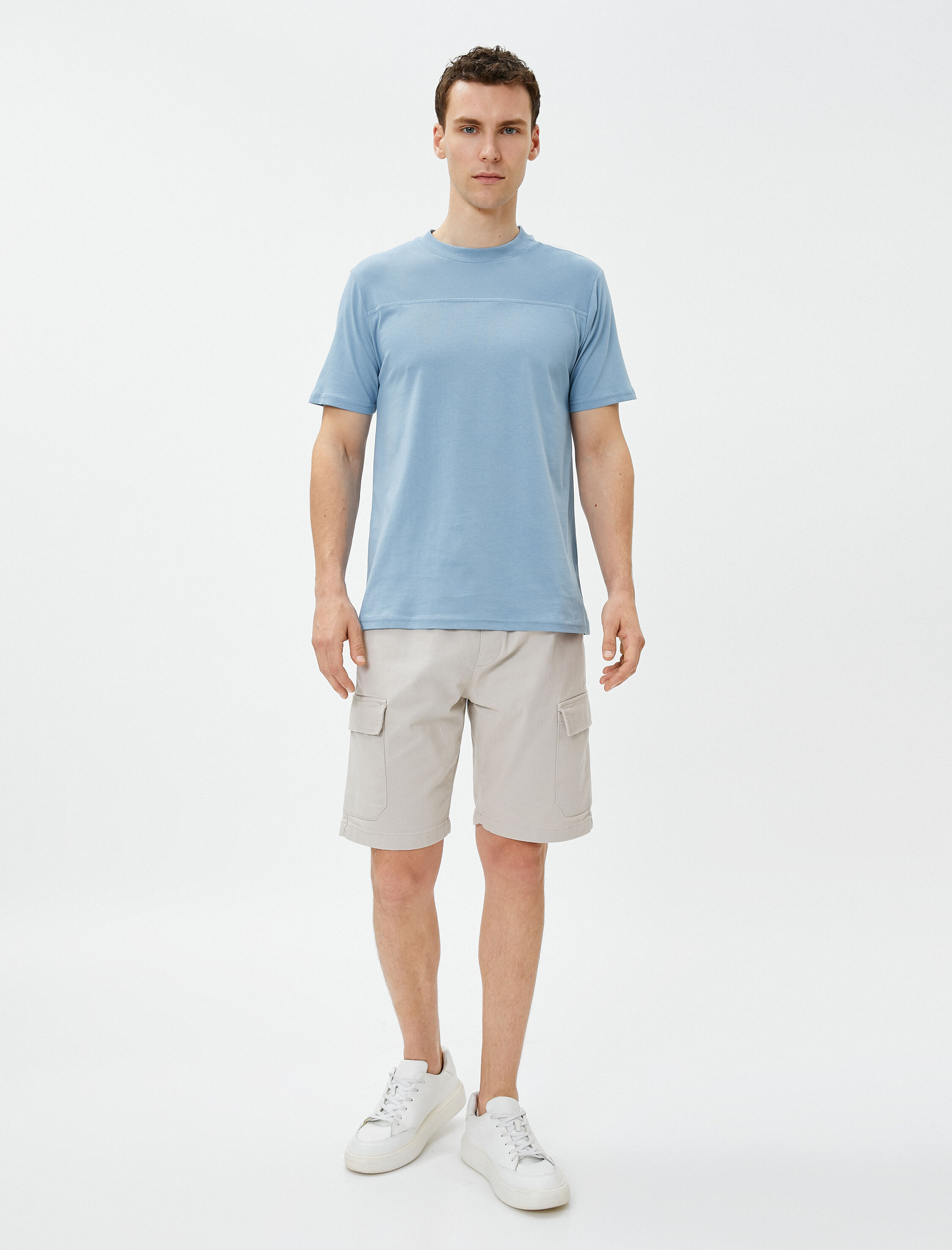   Bloklu Tişört Bisiklet Yaka Kısa Kollu Dikiş Detaylı