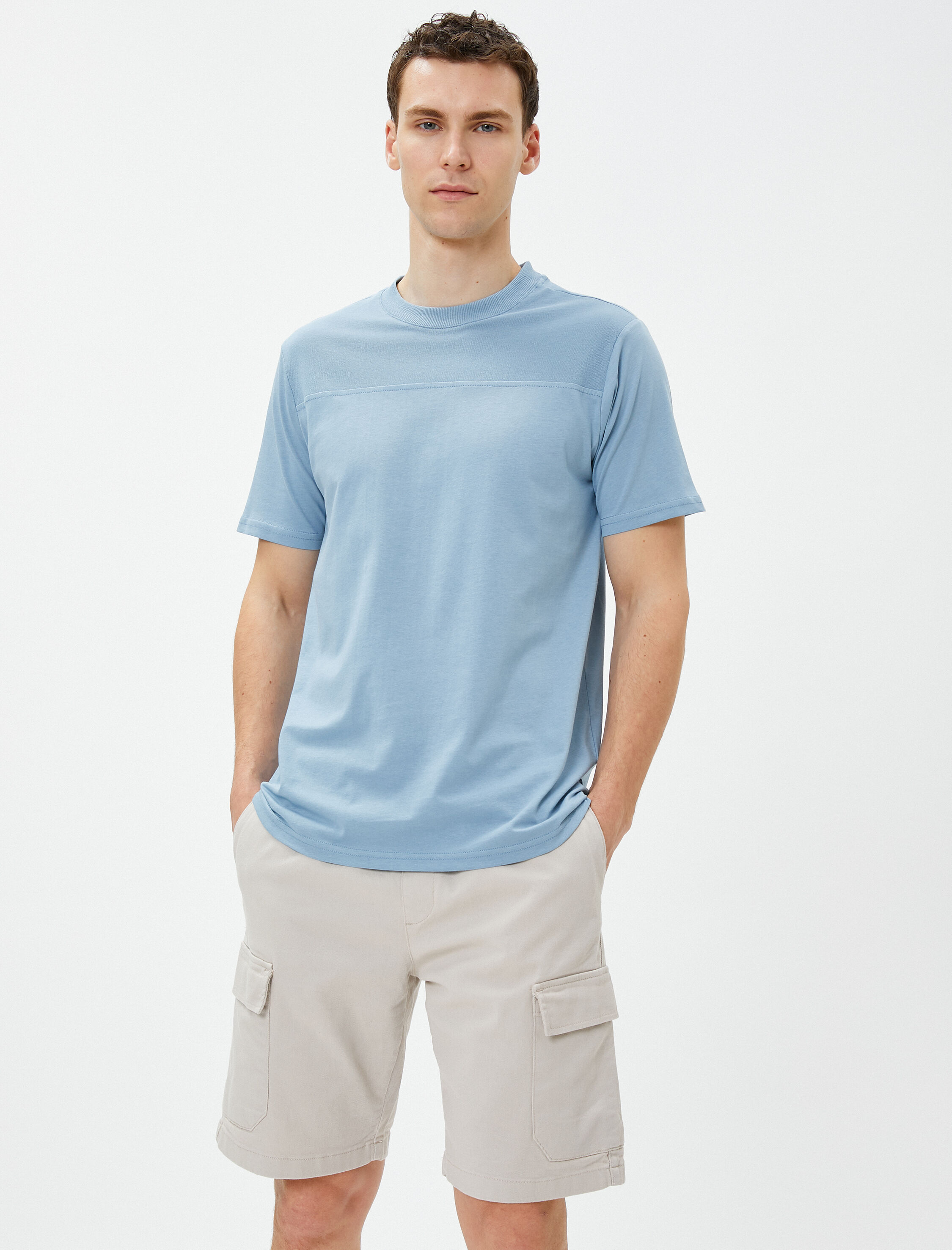   Bloklu Tişört Bisiklet Yaka Kısa Kollu Dikiş Detaylı