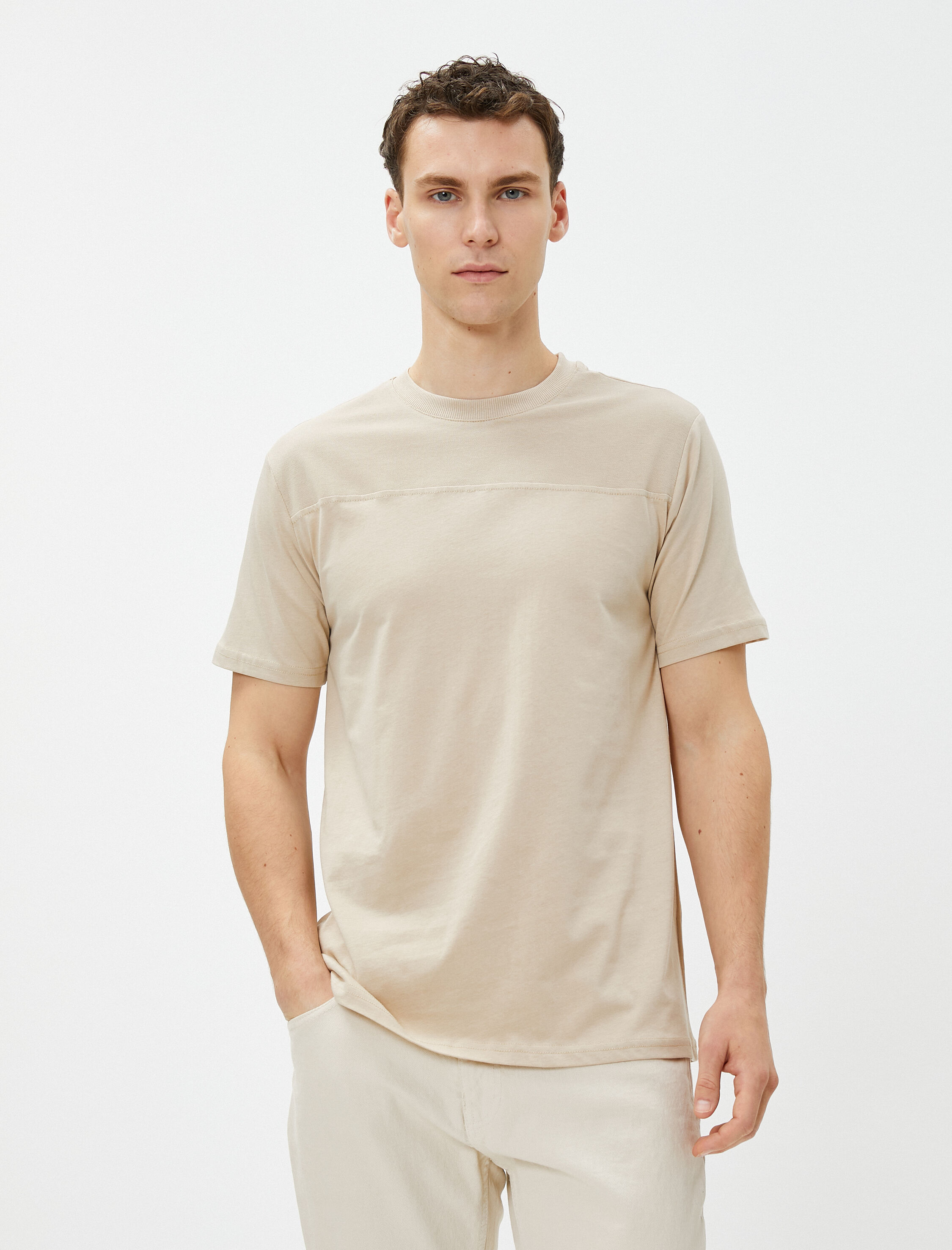   Bloklu Tişört Bisiklet Yaka Kısa Kollu Dikiş Detaylı