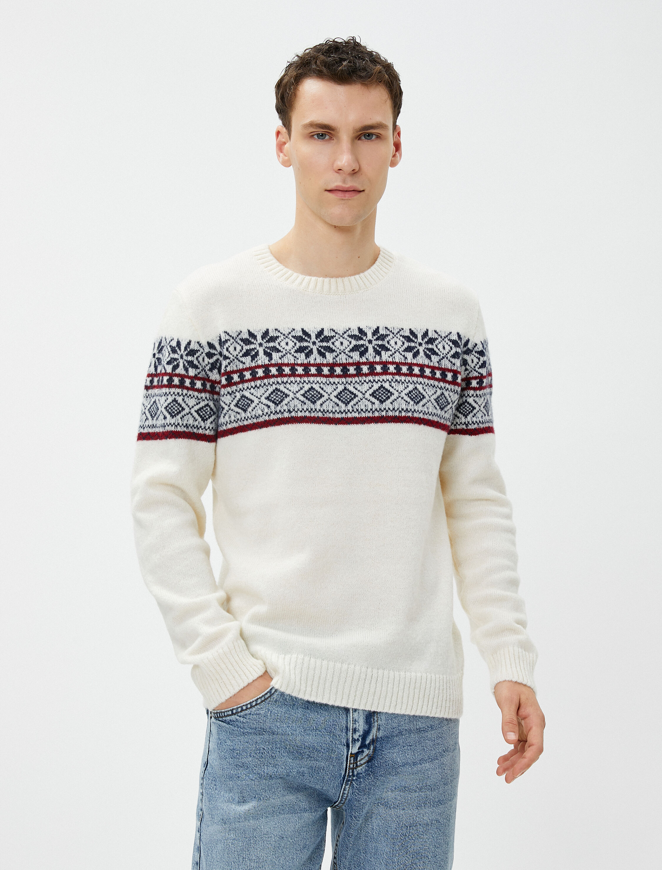   Akrilik Karışımlı Kazak Bisiklet Yaka Etnik Desenli