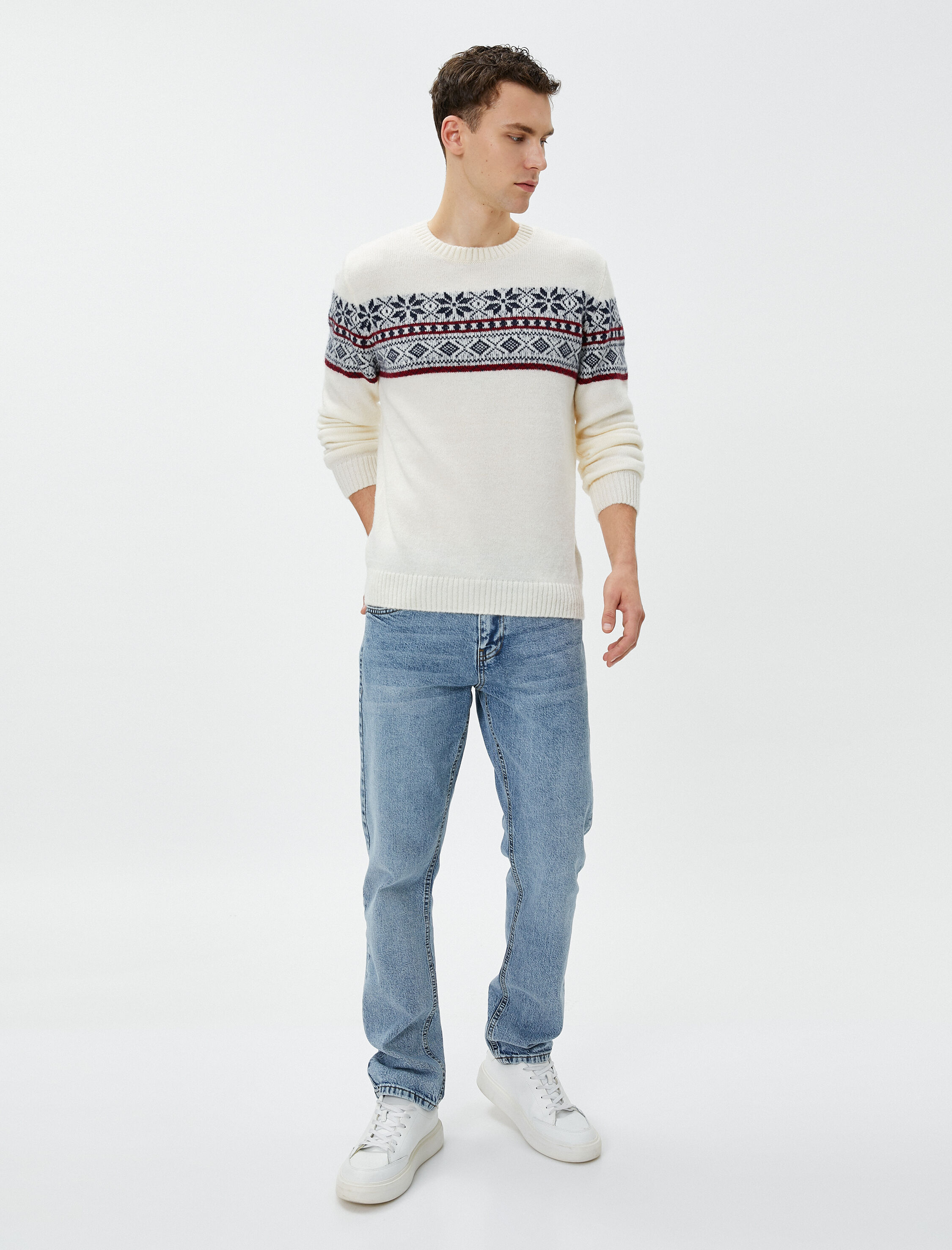   Akrilik Karışımlı Kazak Bisiklet Yaka Etnik Desenli