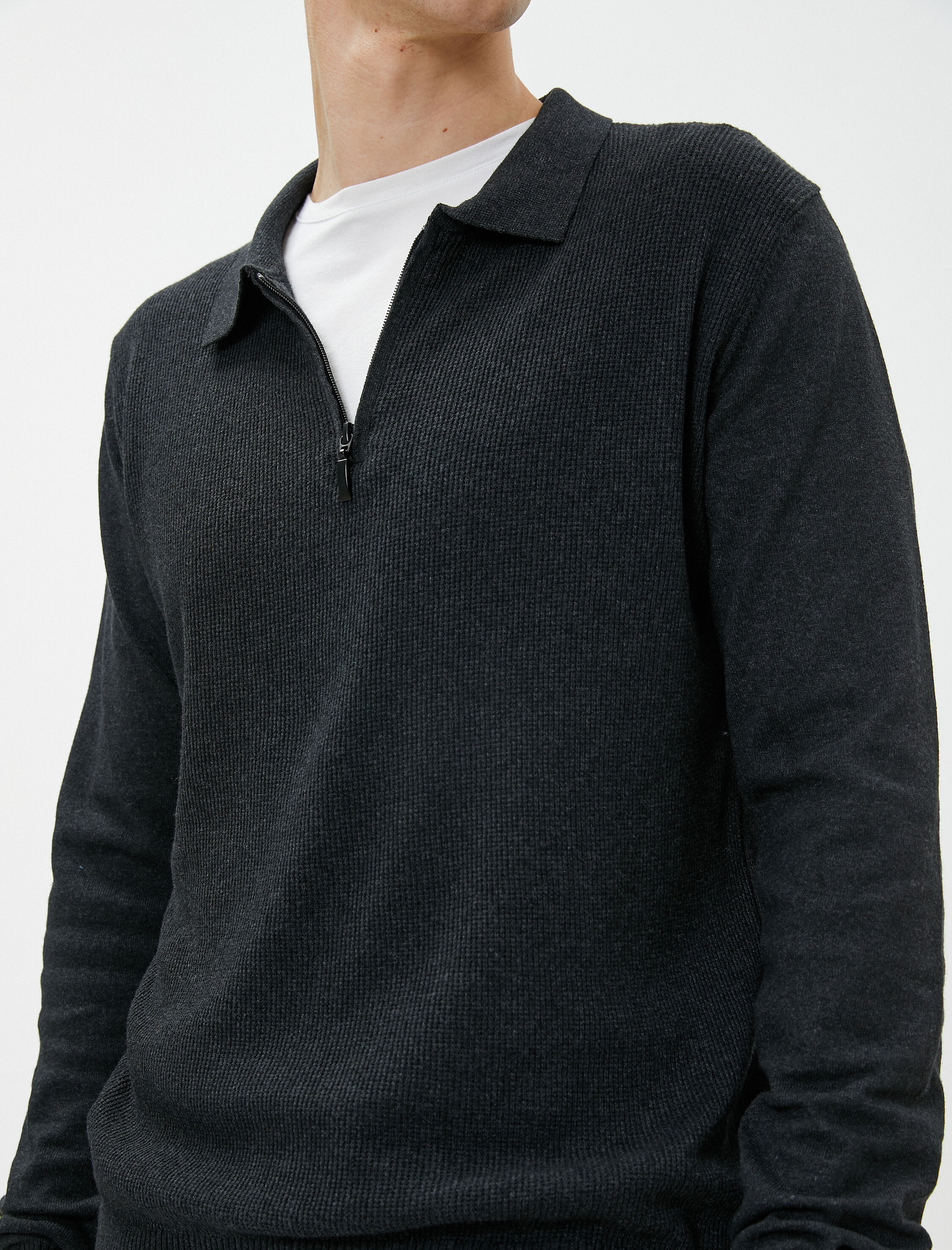   Polo Yaka Kazak Fermuarlı Dar Kesim Uzun Kollu