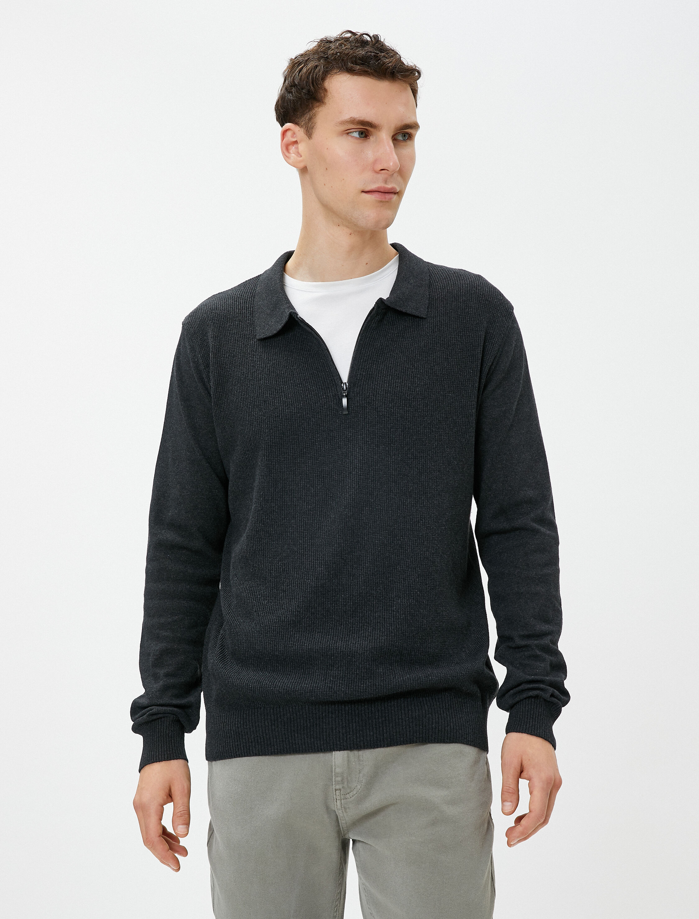   Polo Yaka Kazak Fermuarlı Dar Kesim Uzun Kollu