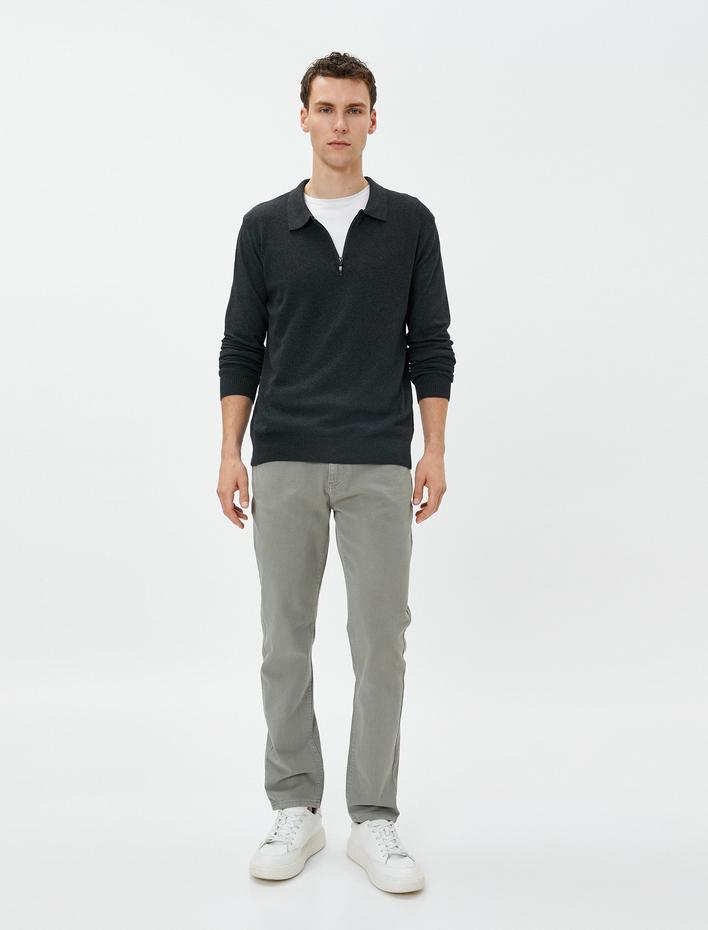  Polo Yaka Kazak Fermuarlı Dar Kesim Uzun Kollu