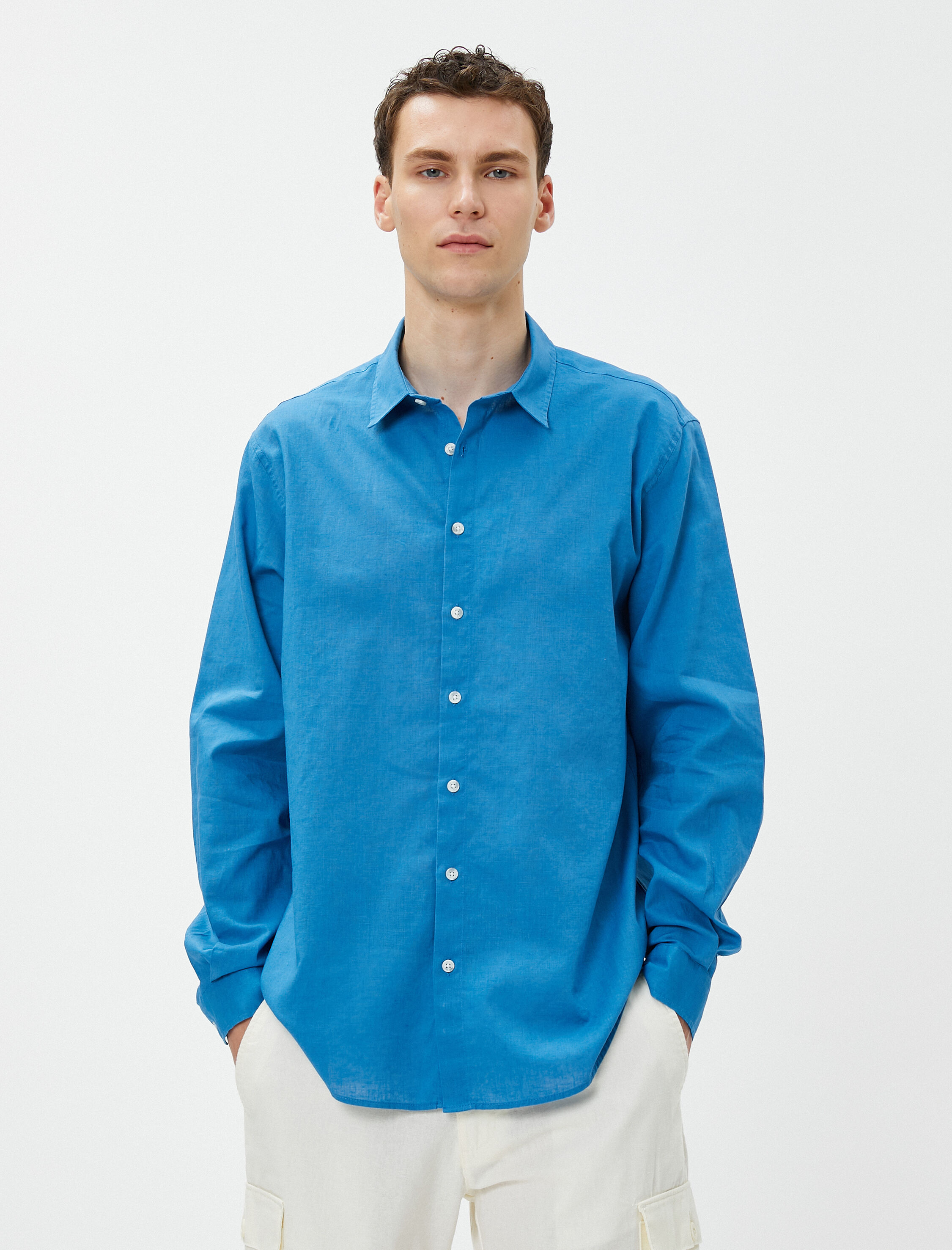   Keten Karışım Gömlek Klasik Yaka Uzun Kollu