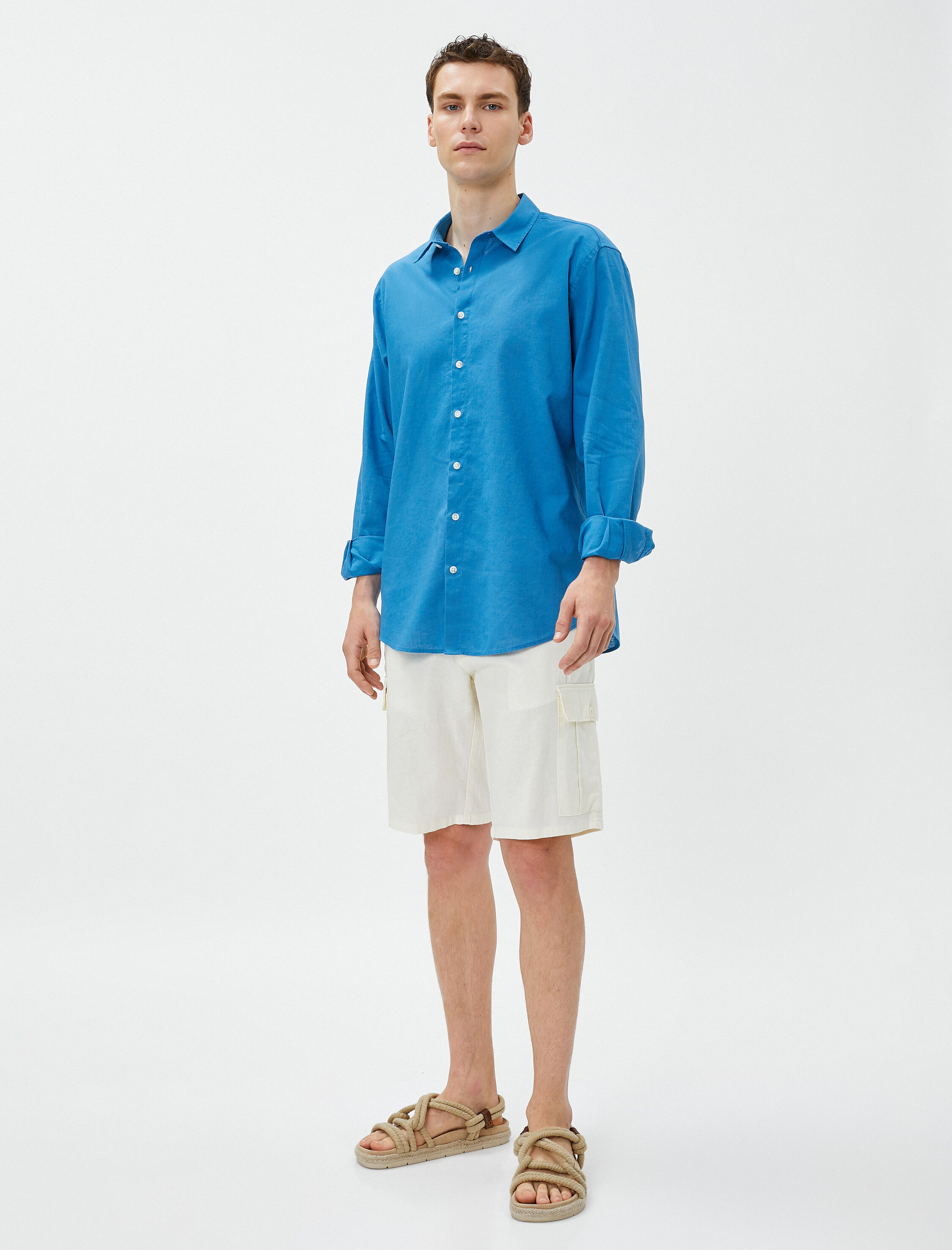   Keten Karışım Gömlek Klasik Yaka Uzun Kollu