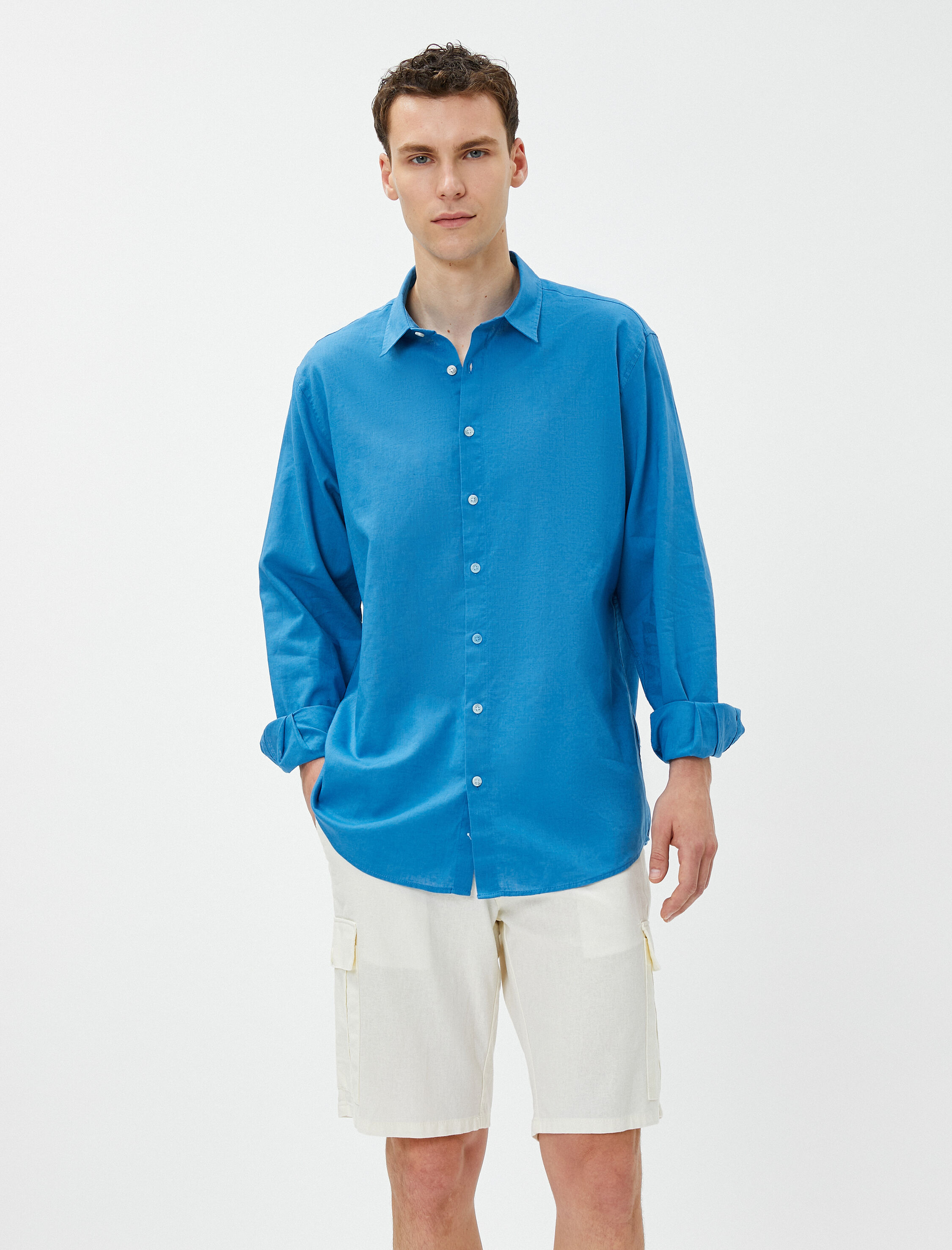   Keten Karışım Gömlek Klasik Yaka Uzun Kollu