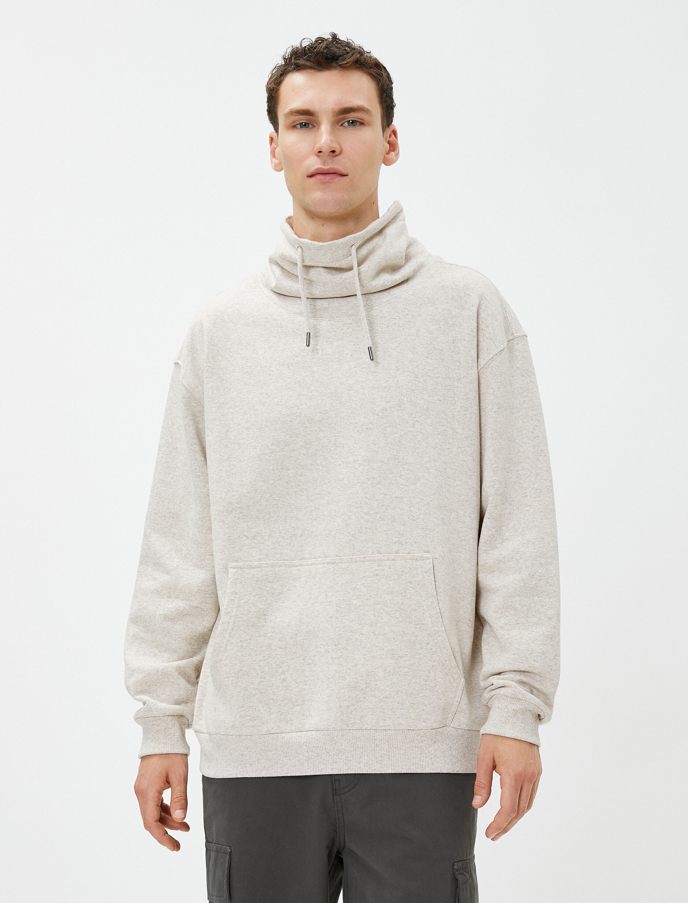   Oversize Sweatshirt Şal Yaka Kanguru Cepli Bağcıklı Şardonlu