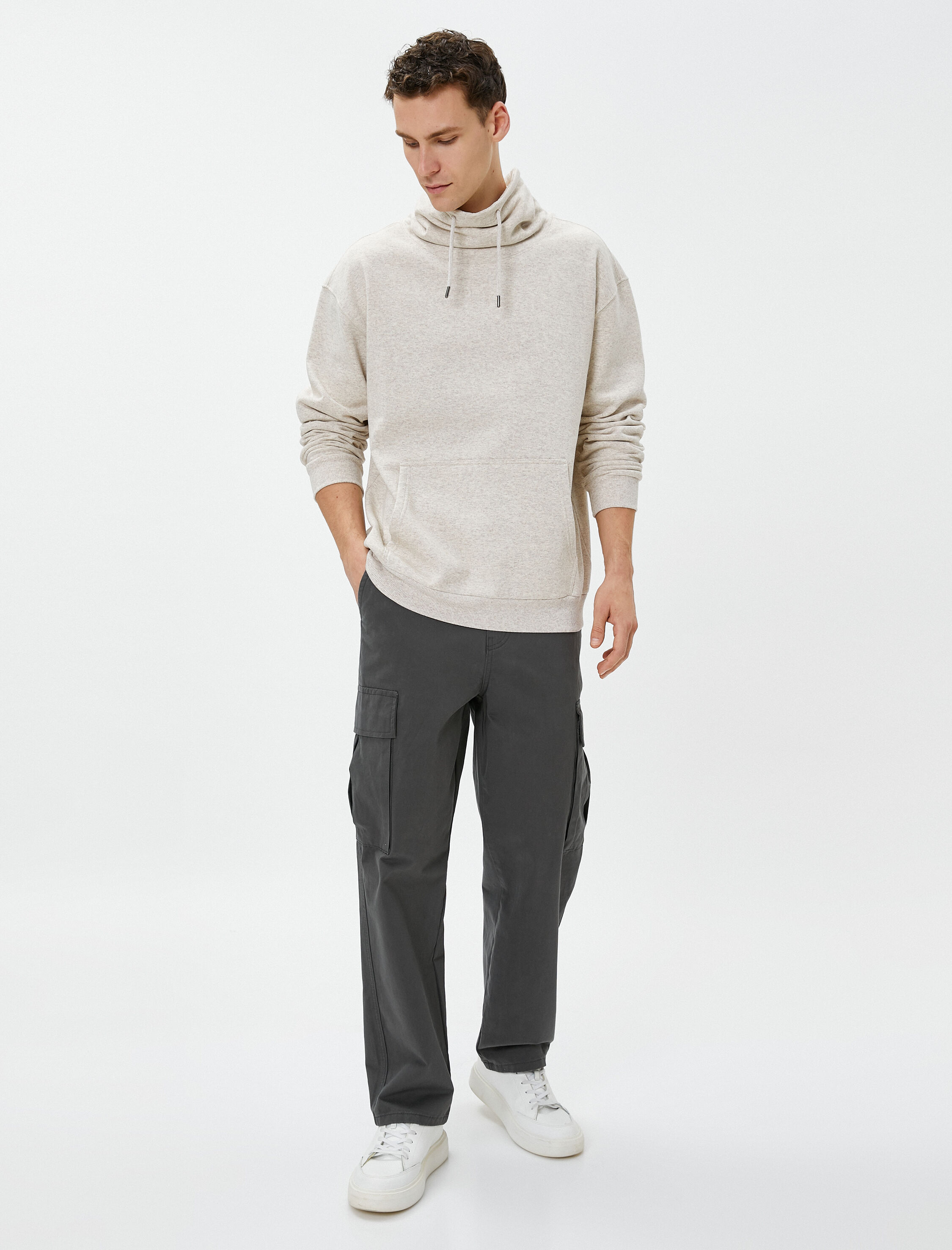   Oversize Sweatshirt Şal Yaka Kanguru Cepli Bağcıklı Şardonlu