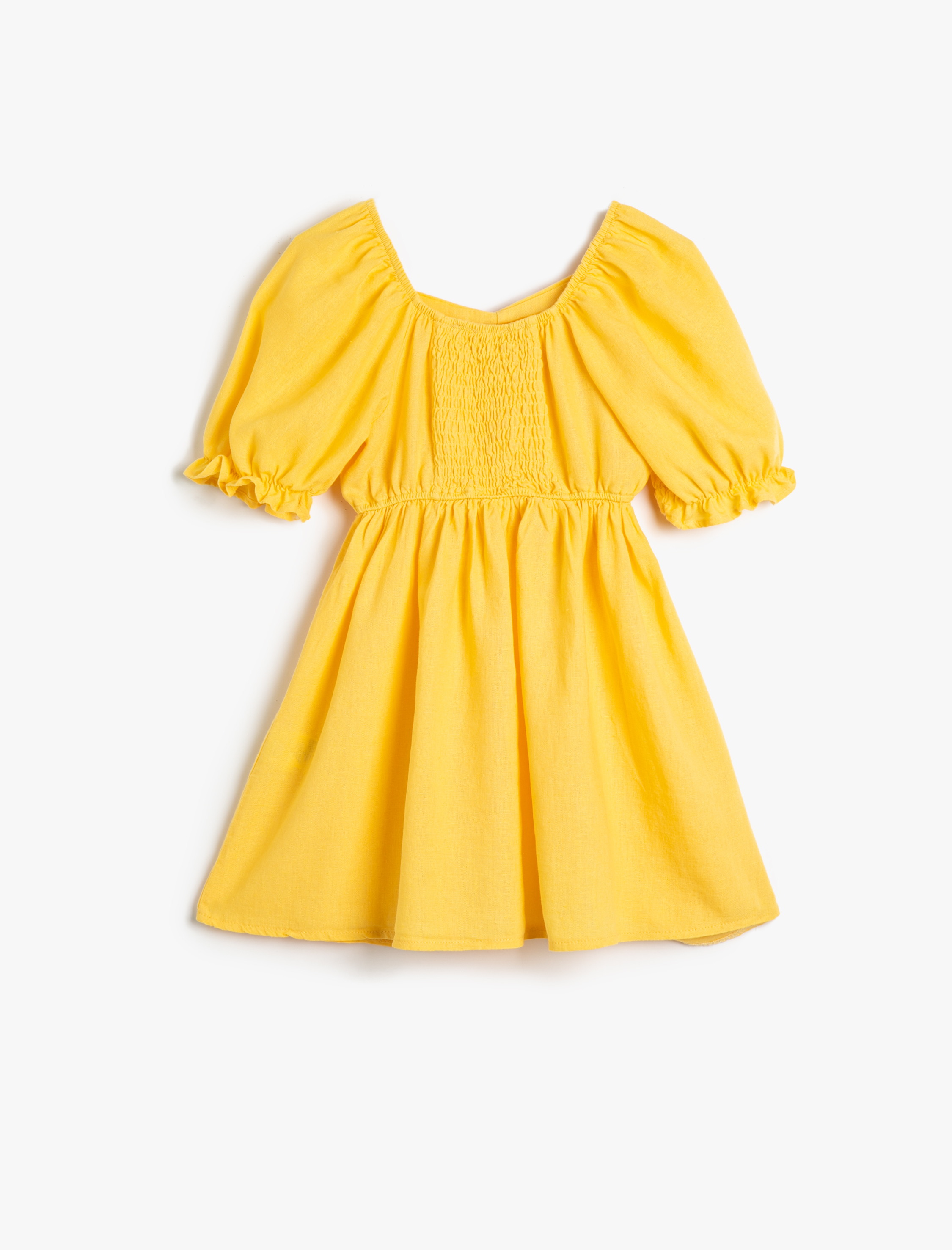  Kız Çocuk Keten Elbise Kısa Balon Kollu Önü Büzgülü Kare Yaka