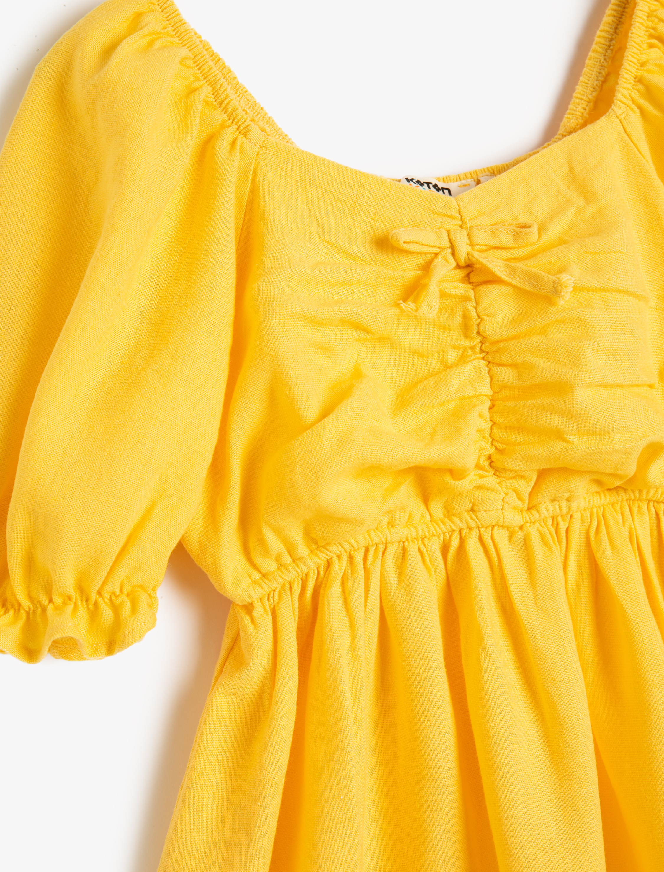  Kız Çocuk Keten Elbise Kısa Balon Kollu Önü Büzgülü Kare Yaka