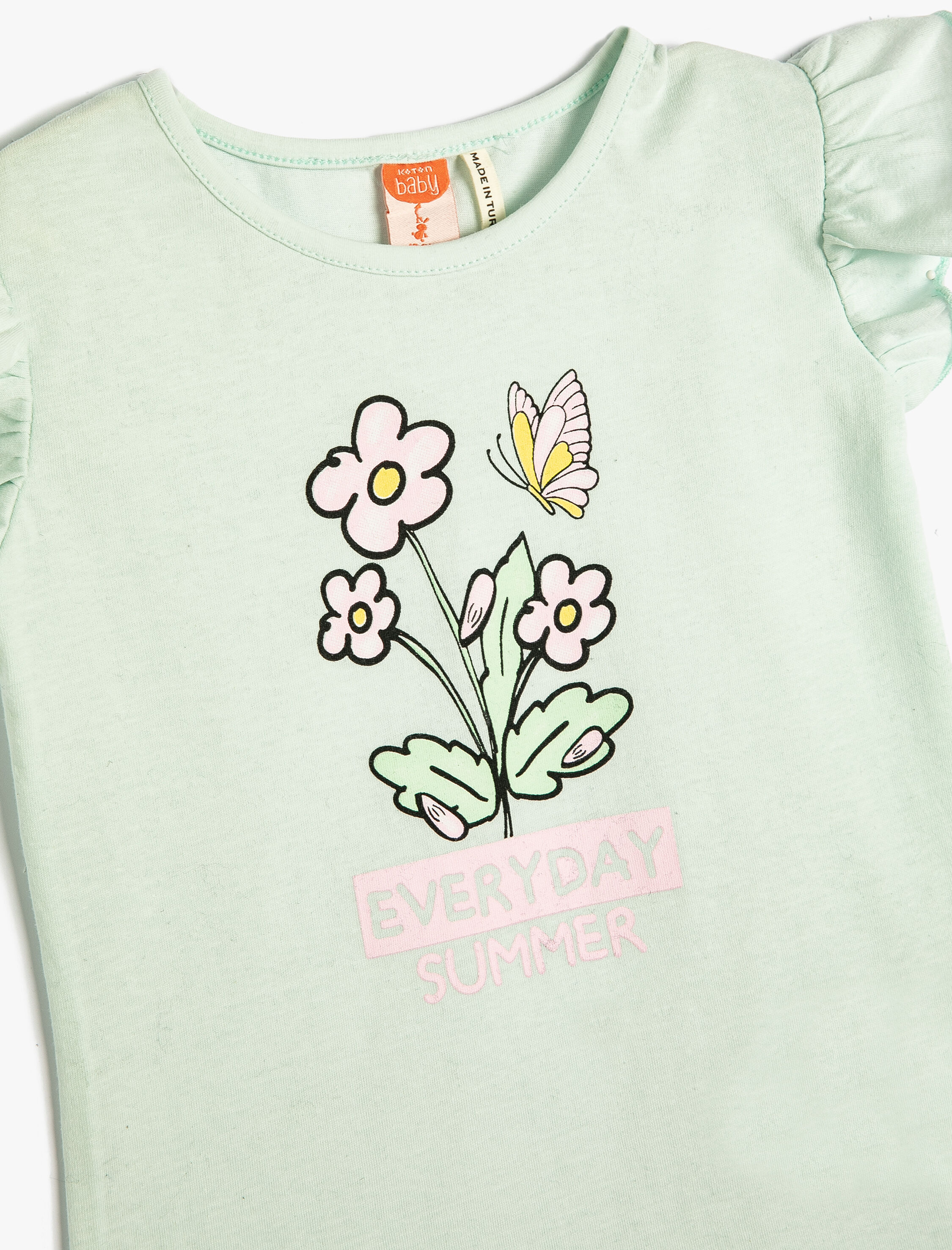  Kız Bebek Tişört Bisiklet Yaka Kolsuz Fırfırlı Çiçek Baskılı Pamuklu