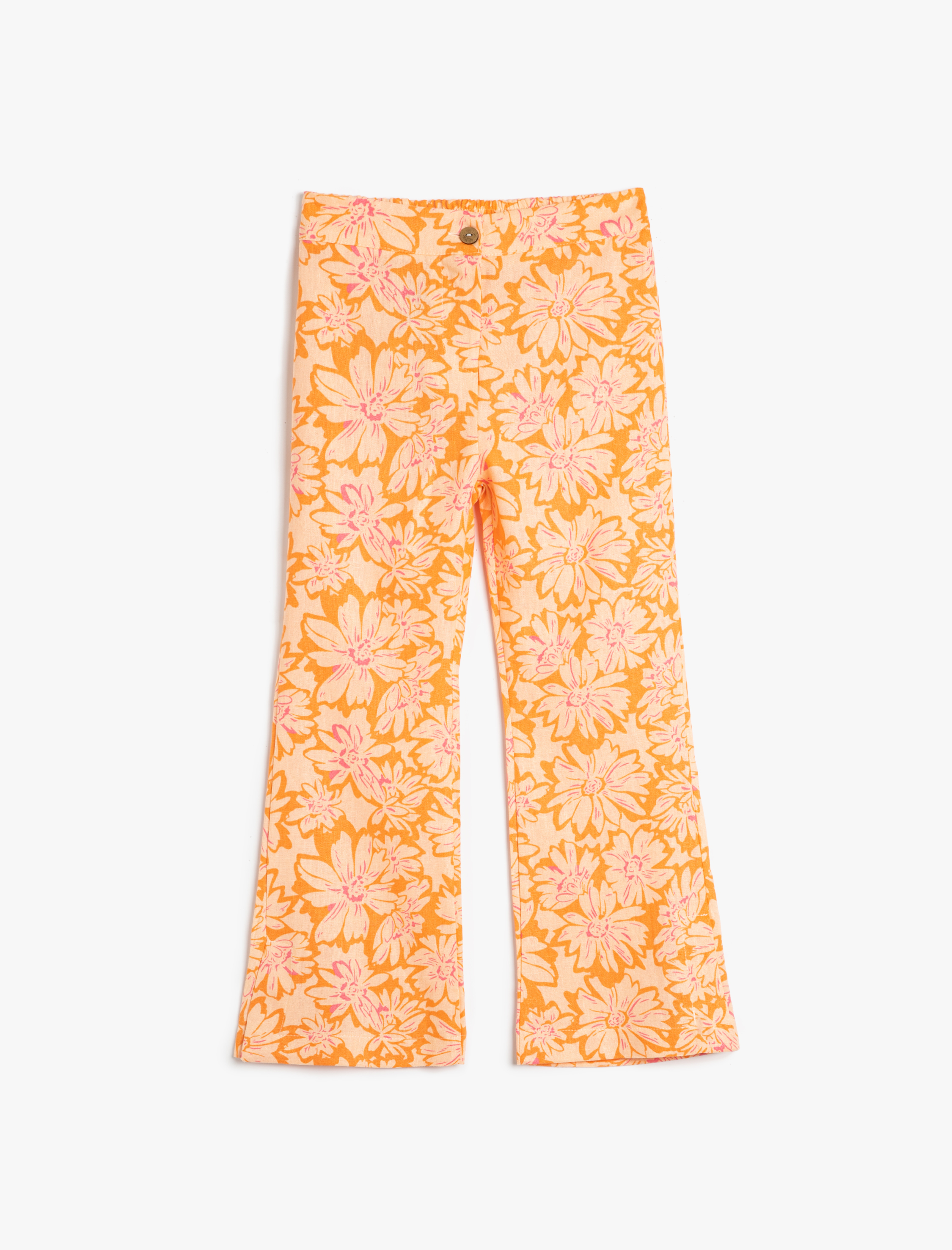  Kız Çocuk İspanyol Paça Keten Pantolon Çiçekli Paçaları Yırtmaç Detayı