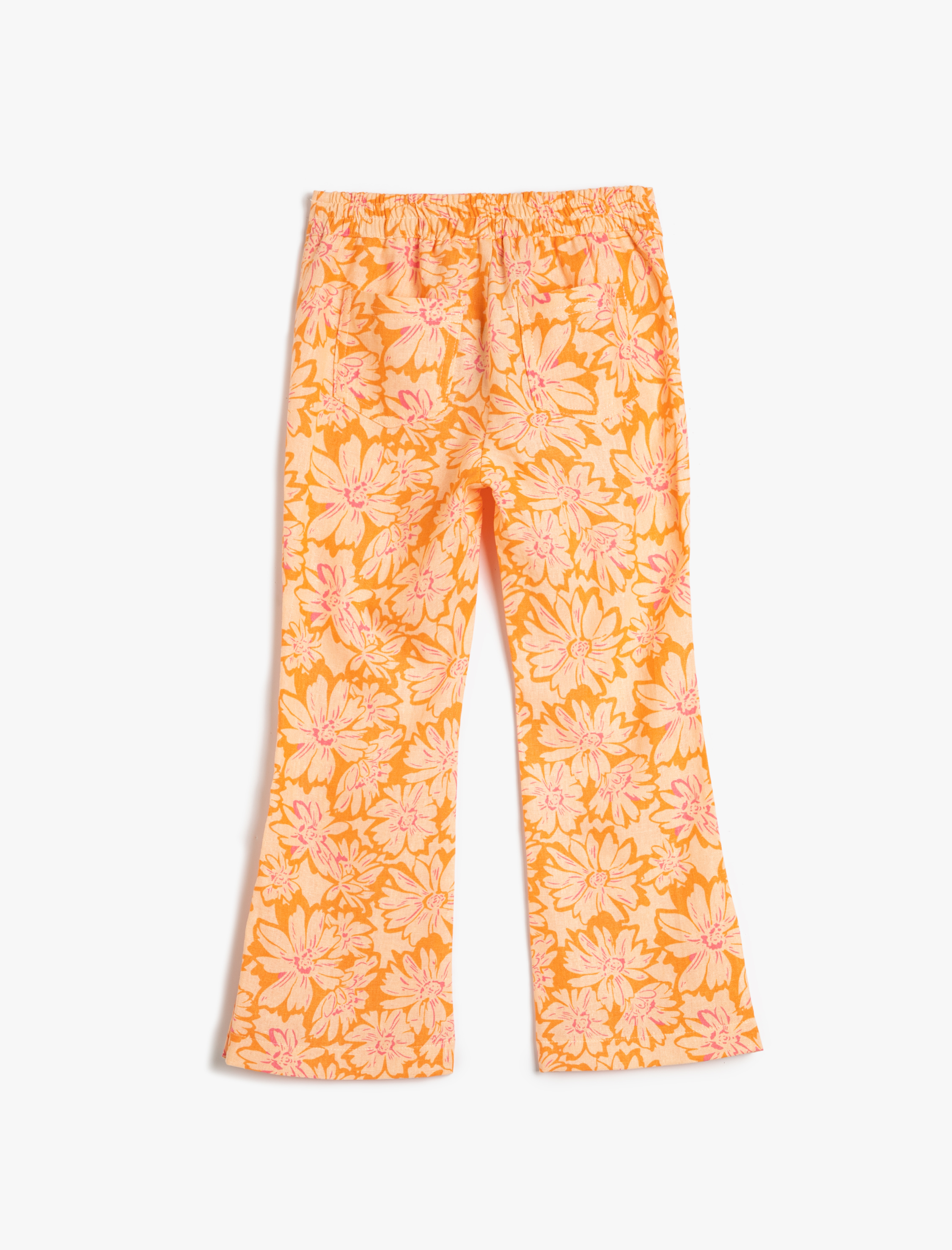  Kız Çocuk İspanyol Paça Keten Pantolon Çiçekli Paçaları Yırtmaç Detayı