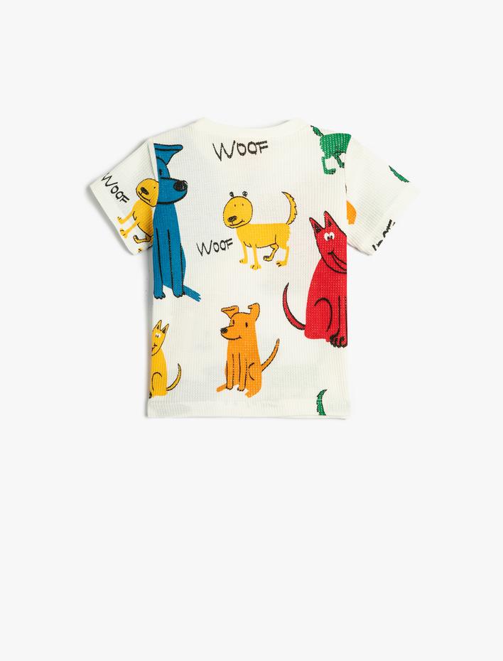 Erkek Bebek Tişört Bisiklet Yaka Kısa Kollu Köpek Baskılı Cepli Pamuklu