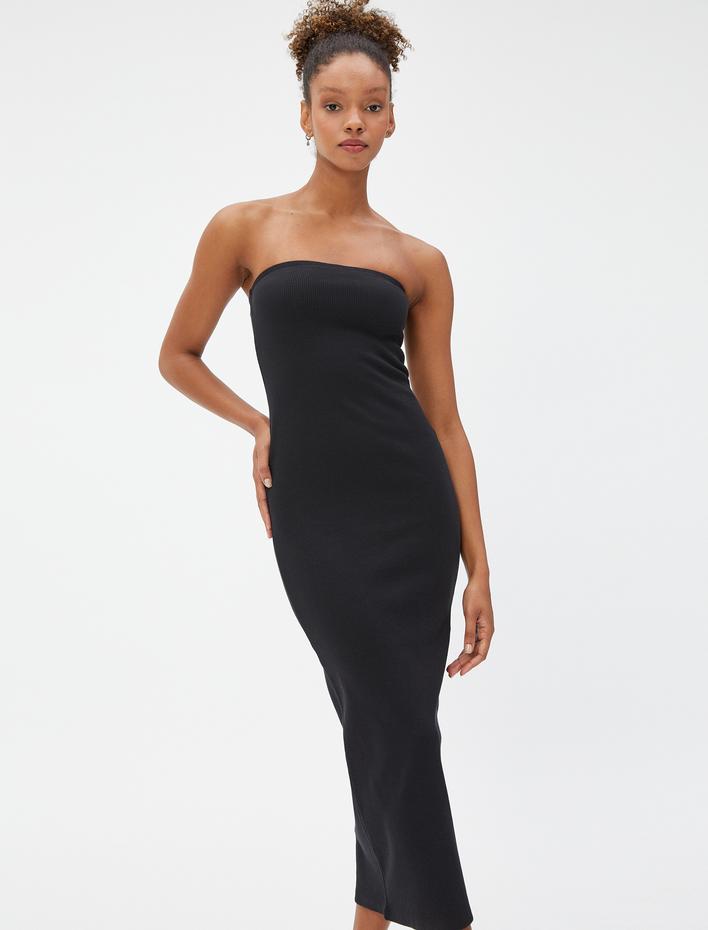  Midi Straplez Kalem Elbise Fitilli Dar Kesim Pamuklu