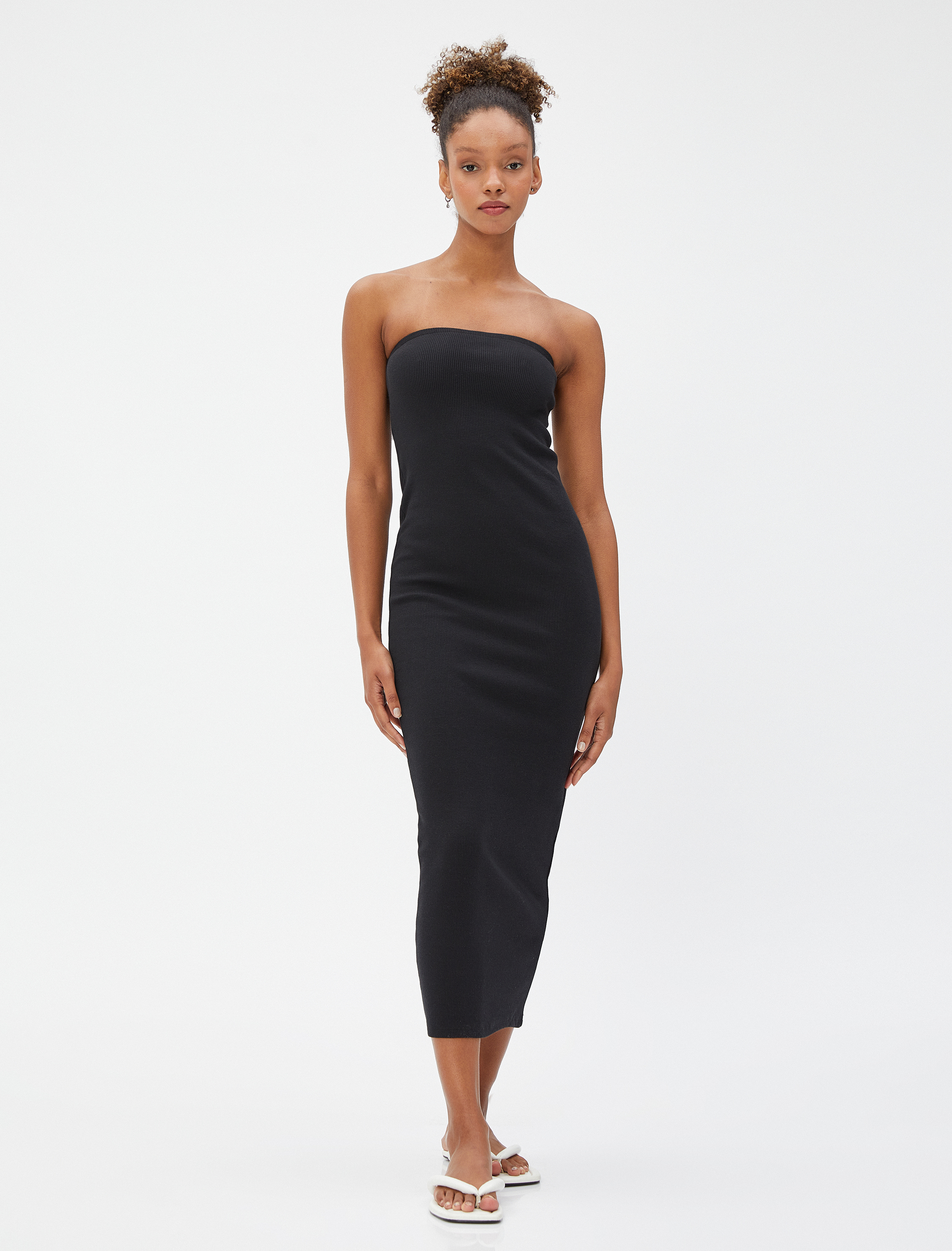   Midi Straplez Kalem Elbise Fitilli Dar Kesim Pamuklu