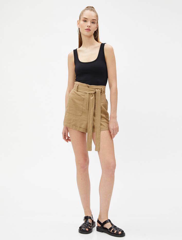  Yüksek Bel Şort Keten Karışımlı Kuşaklı Cep Detaylı