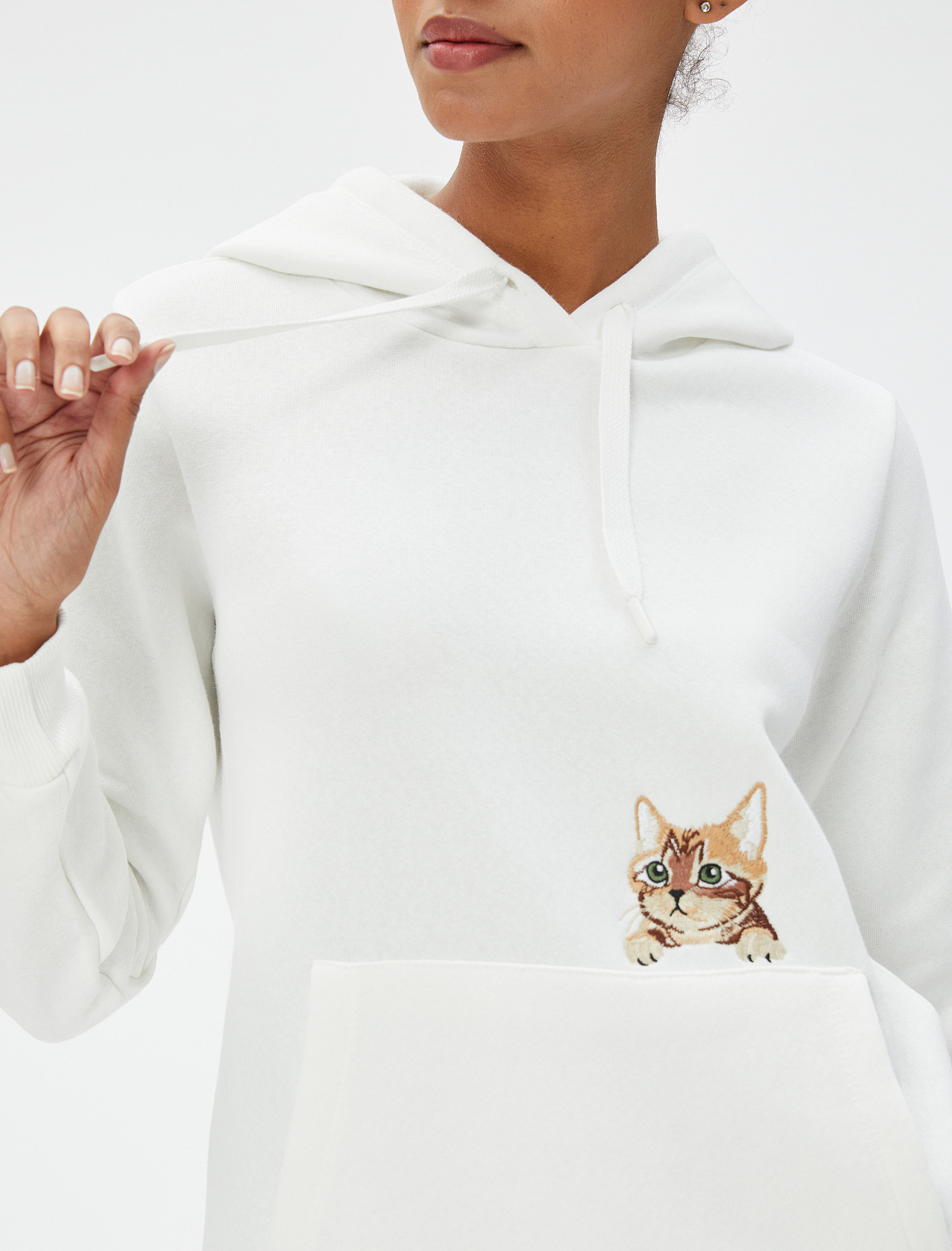 Kapüşonlu Sweatshirt Kanguru Cepli Kedi Nakışlı