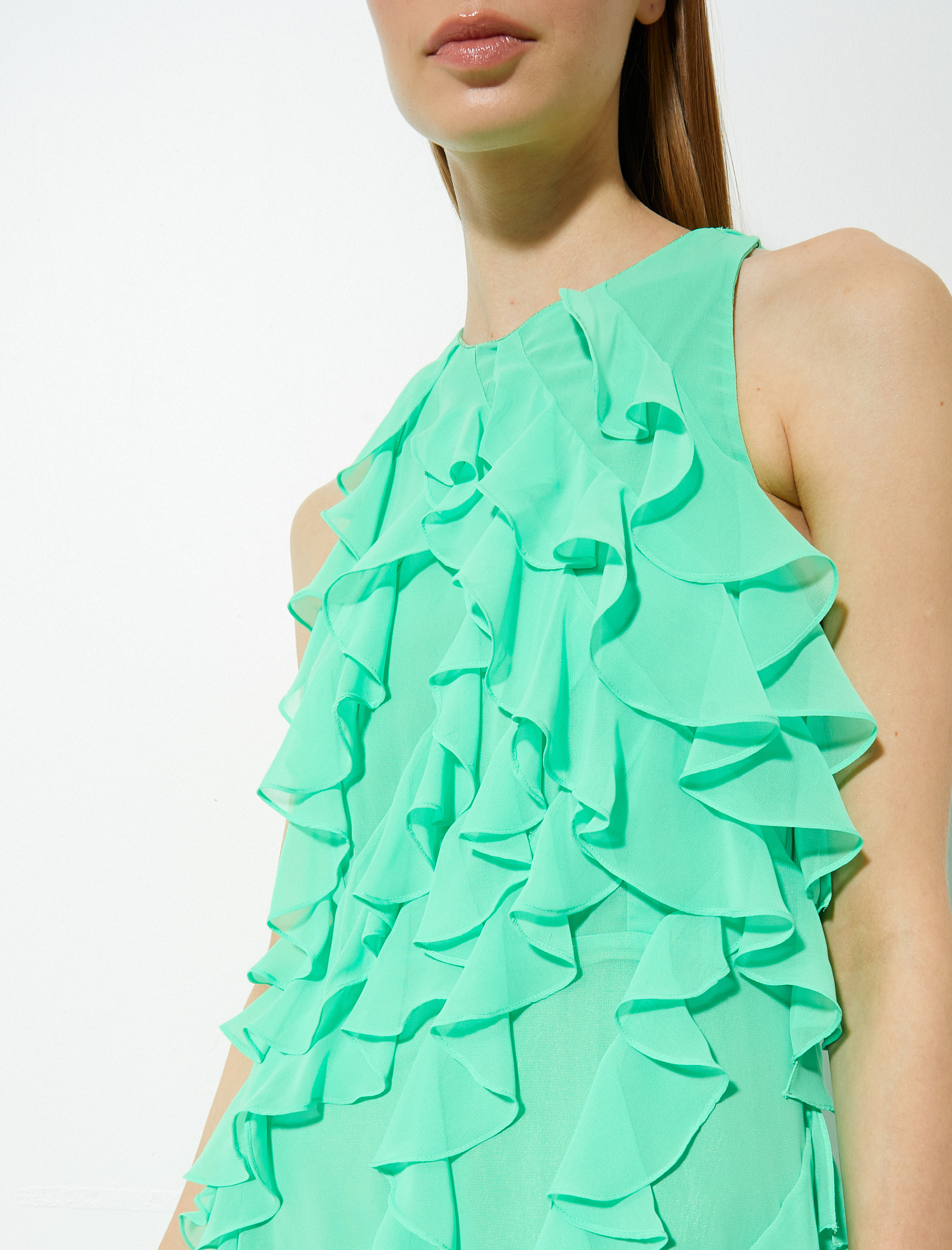   Şifon Uzun Abiye Elbise Volanlı Asimetrik