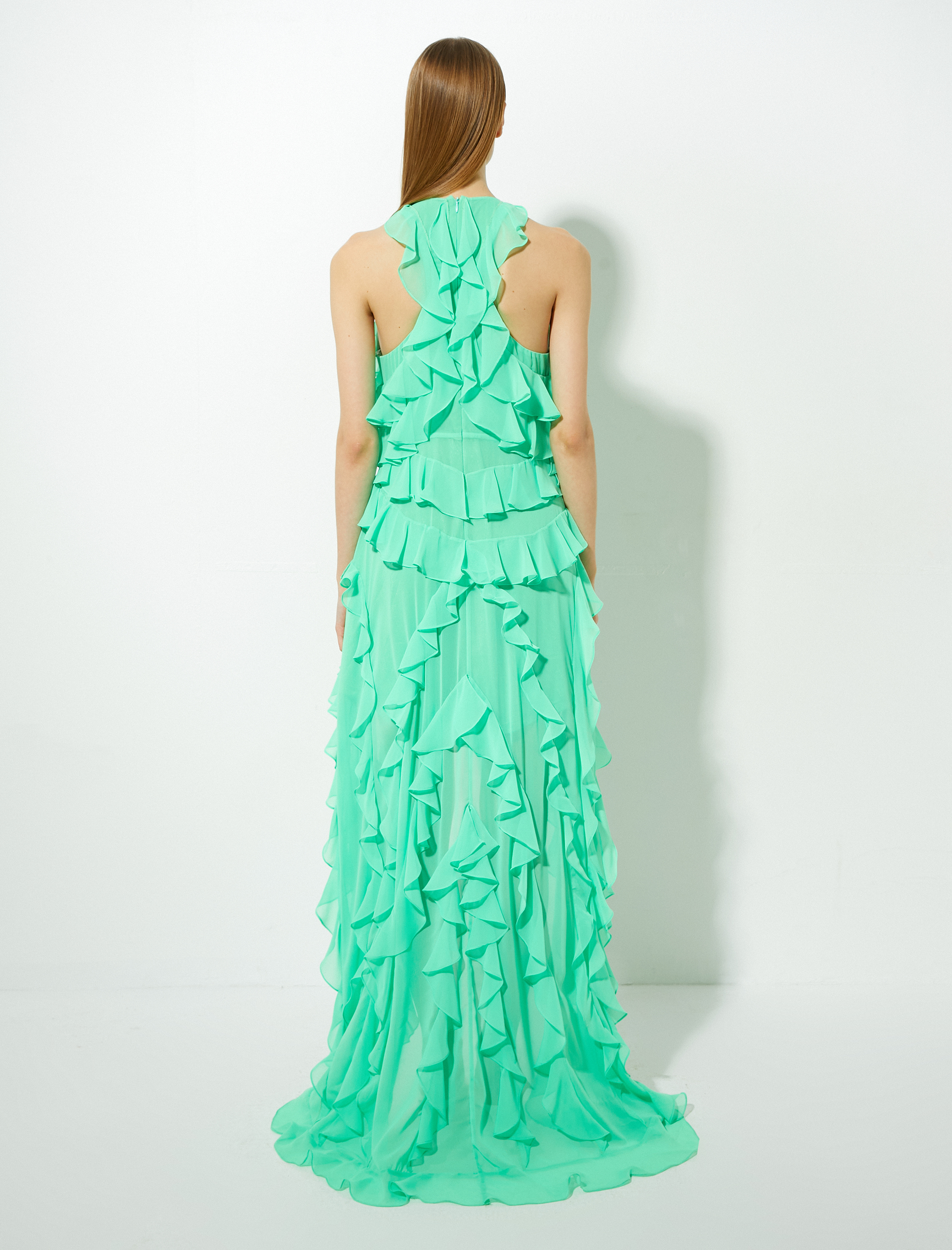   Şifon Uzun Abiye Elbise Volanlı Asimetrik