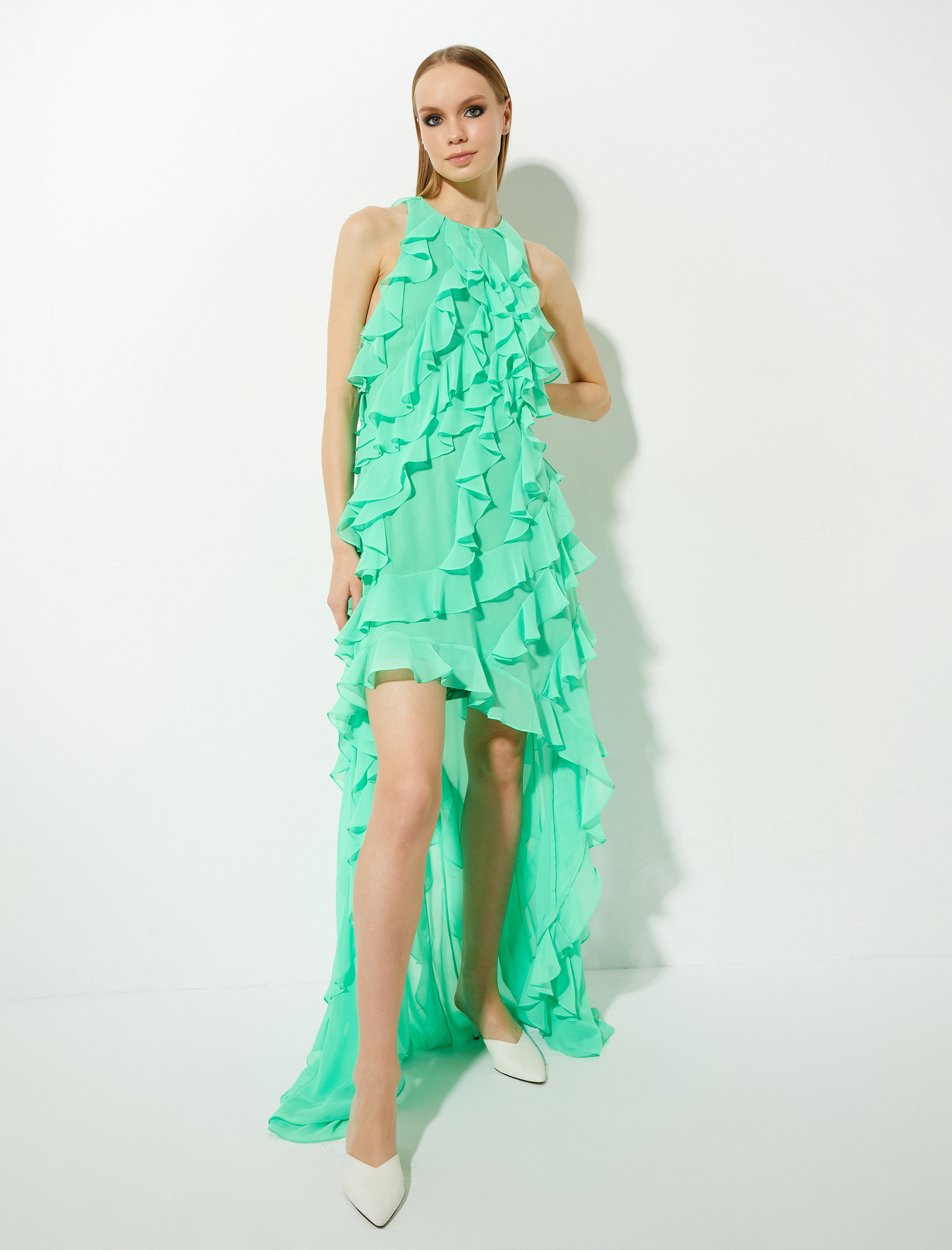   Şifon Uzun Abiye Elbise Volanlı Asimetrik