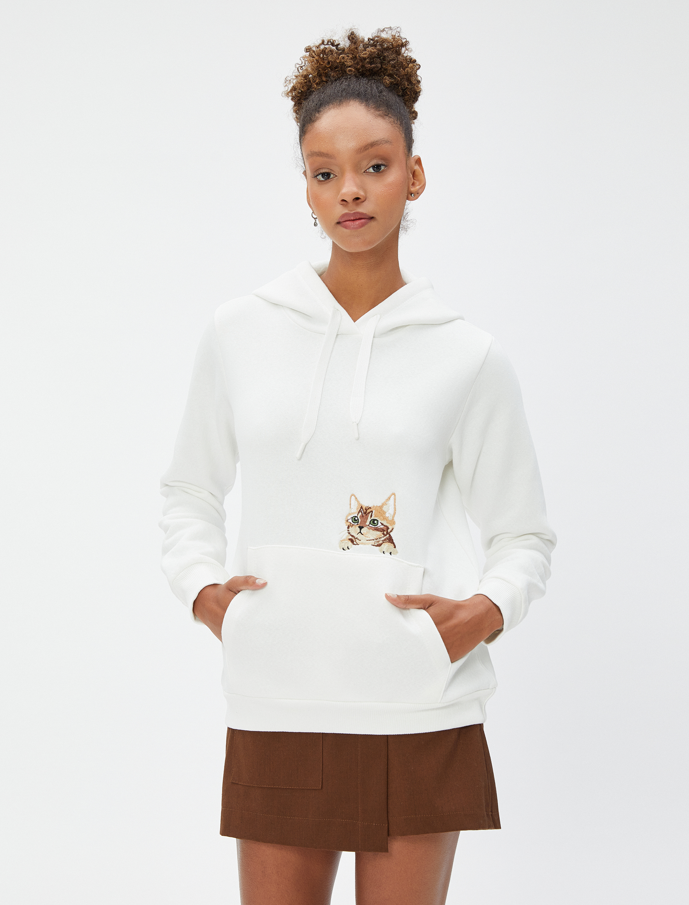 Kapüşonlu Sweatshirt Kanguru Cepli Kedi Nakışlı
