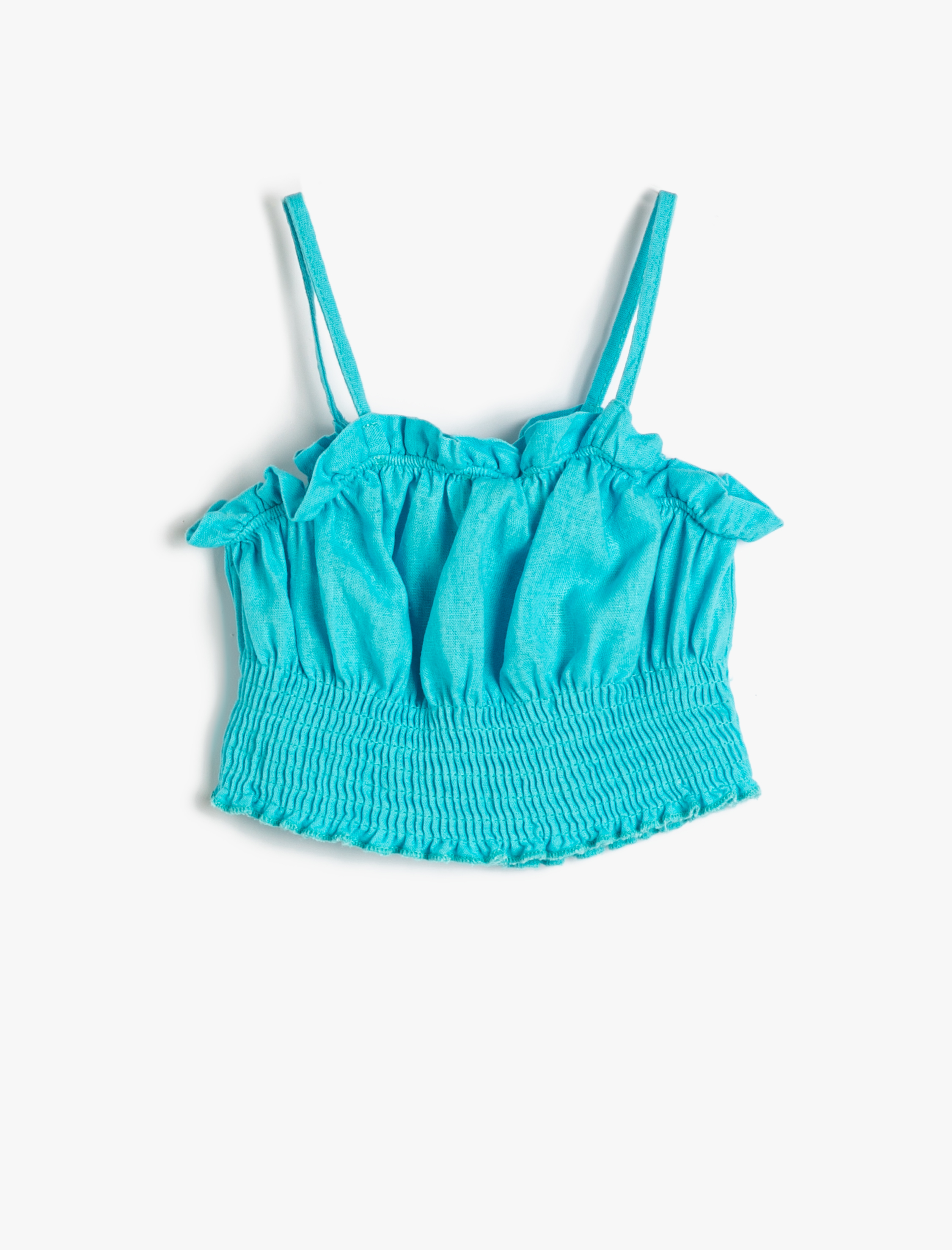  Kız Çocuk Keten Crop Bluz Askılı Fırfırlı Gipe Detaylı