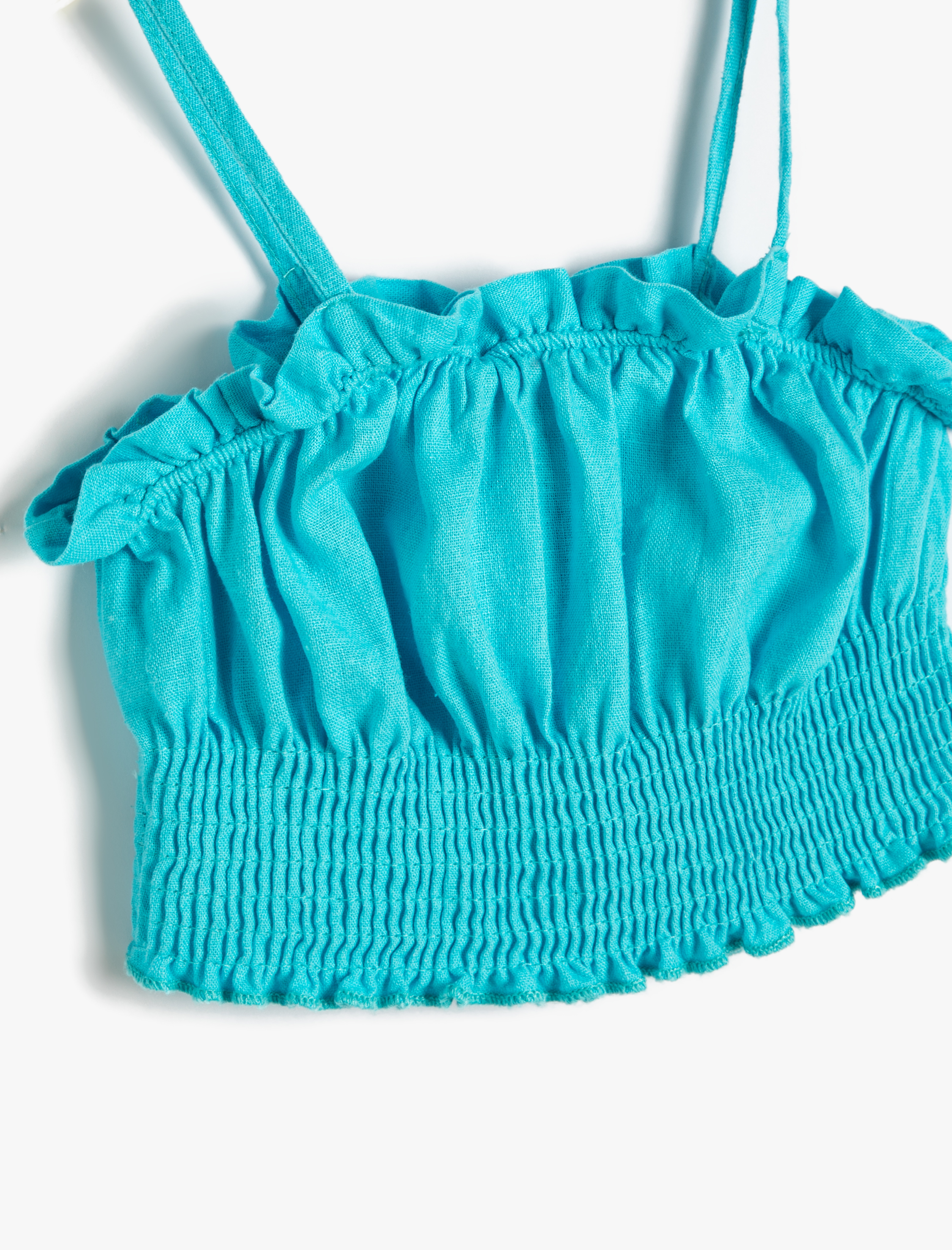  Kız Çocuk Keten Crop Bluz Askılı Fırfırlı Gipe Detaylı