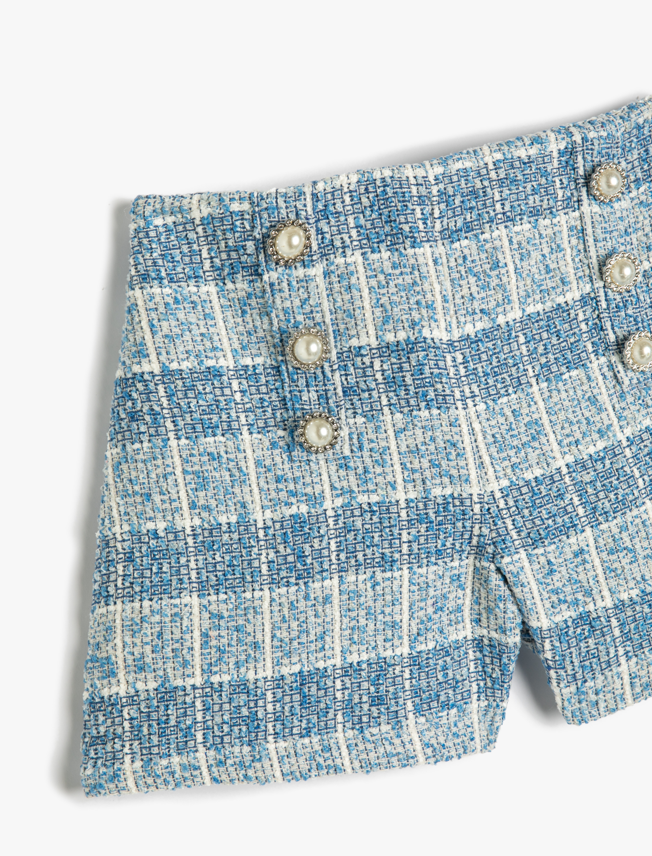  Kız Çocuk Tüvit Şort İnci Düğme Detaylı Beli Lastikli