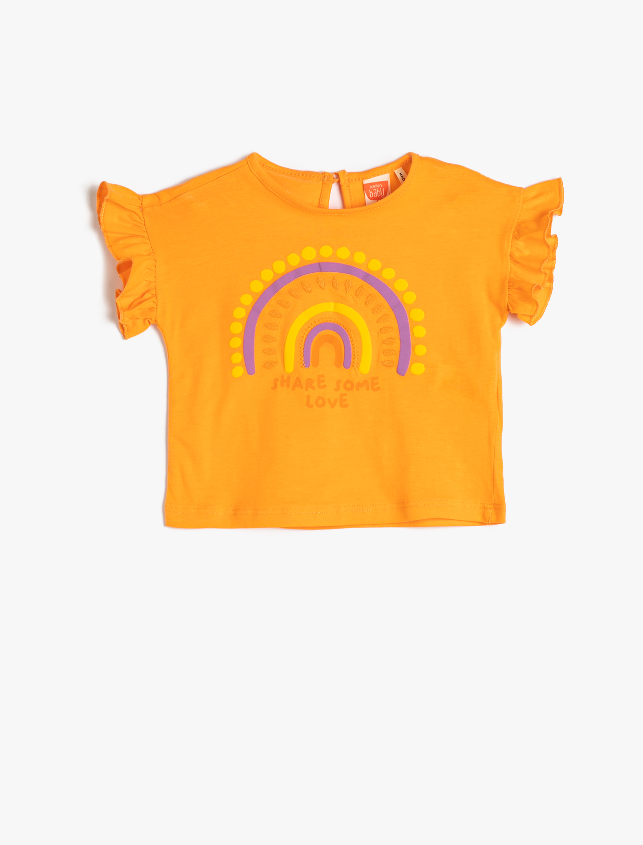  Kız Bebek Tişört Fırfırlı Kısa Kollu Bisiklet Yaka Pamuklu Gökkuşağı Baskılı