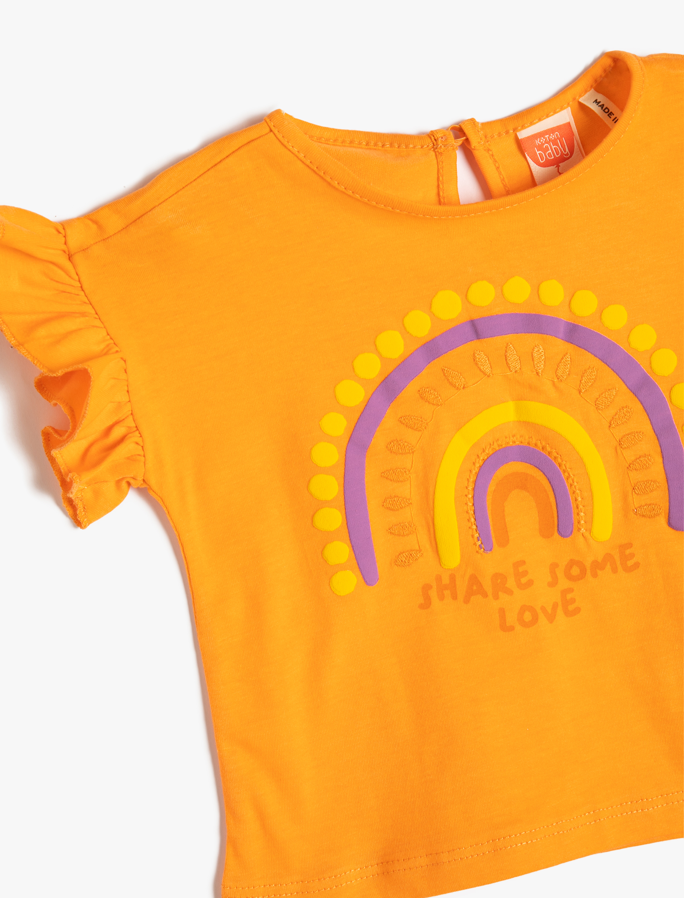  Kız Bebek Tişört Fırfırlı Kısa Kollu Bisiklet Yaka Pamuklu Gökkuşağı Baskılı